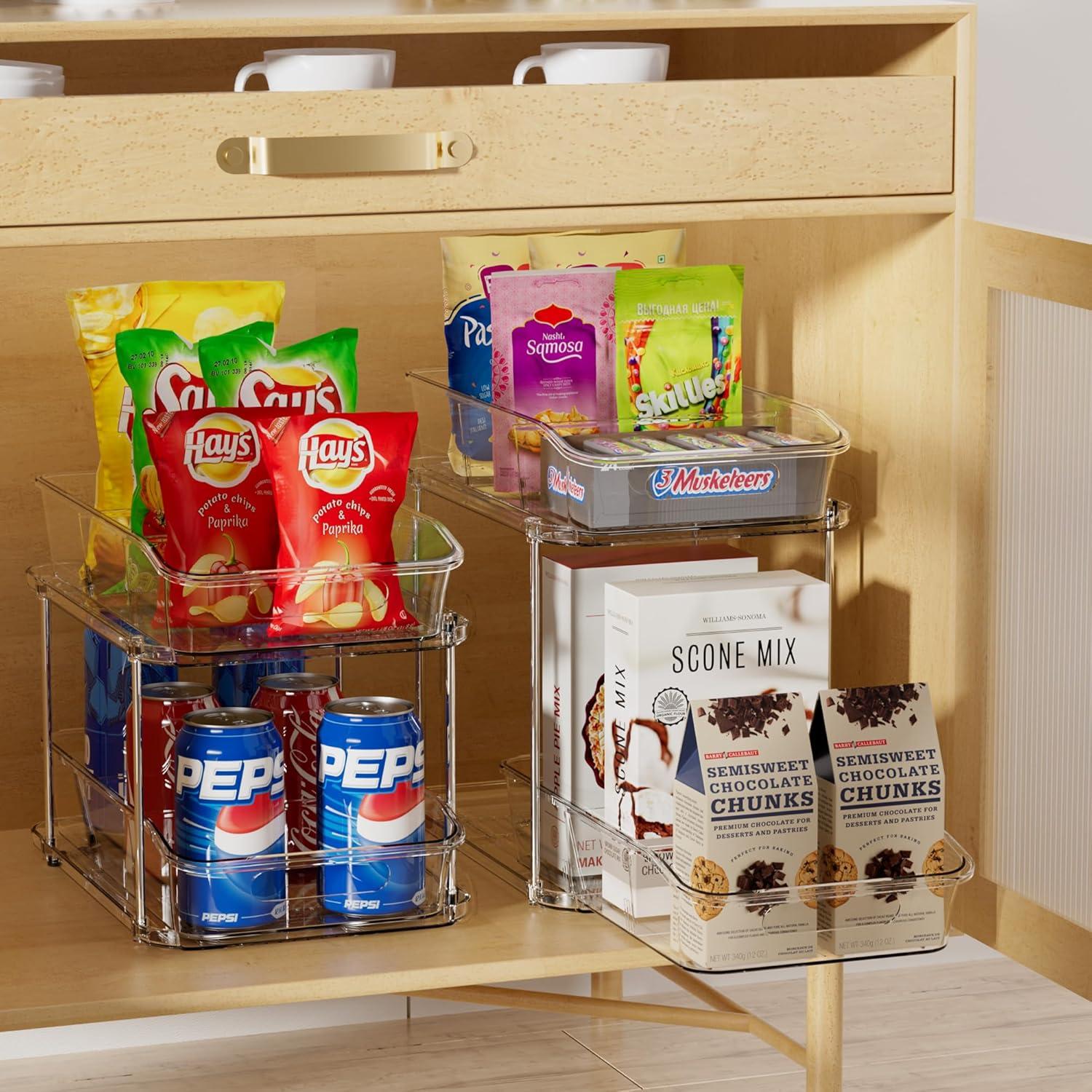 THE GLAMOUR BOUTIQUES 2 Sets Of 2-Tier Clear Under Sink Organizers And Storage, Multi-Purpose Stackable Bathroom Cabinet Organizers, Pull Out Kitchen Pantry Organization And Storage With Dividers