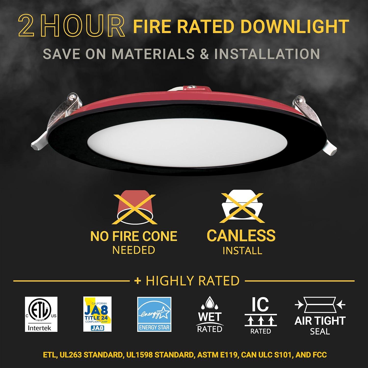 6" Black Ultra-Thin Fire Rated LED Recessed Downlight, 6-Pack