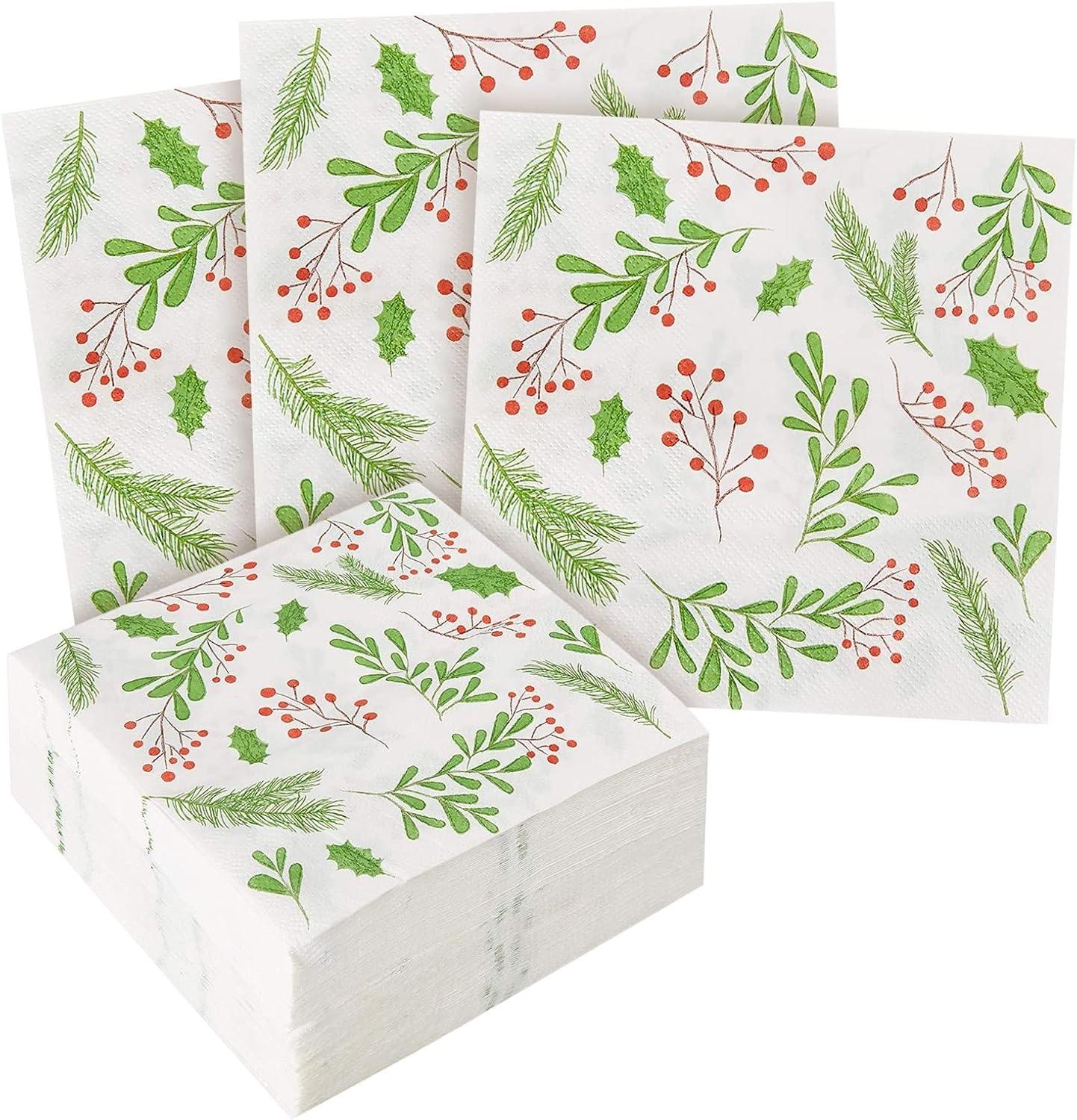 100-Pack Holly Berry Paper Napkins for Christmas Party, Holiday Decor, White (6.5x6.5 In)