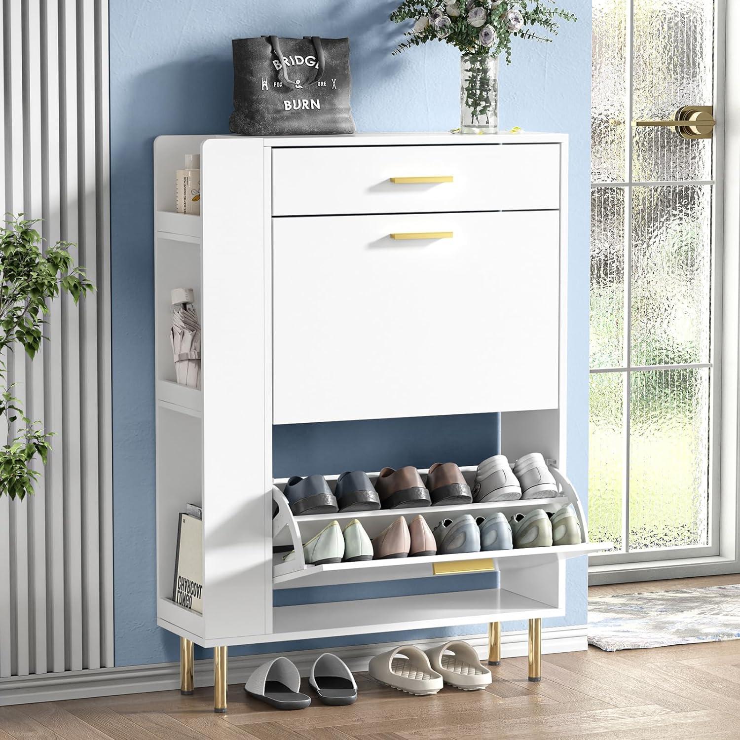 White Engineered Wood Freestanding Shoe Cabinet with Flip Drawers