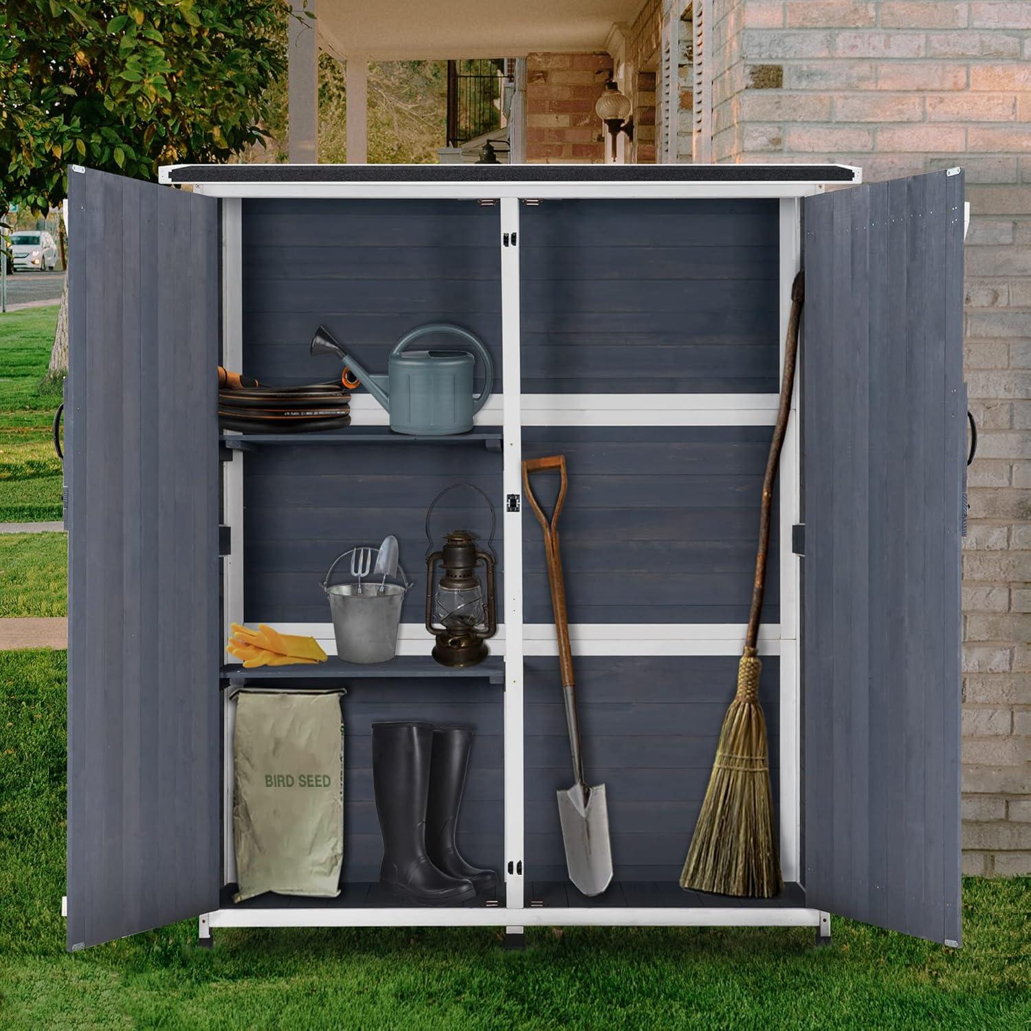 Mcombo 55.1 x 1.64 ft. Garden Tool Wood and Metal Storage Shed, Gray