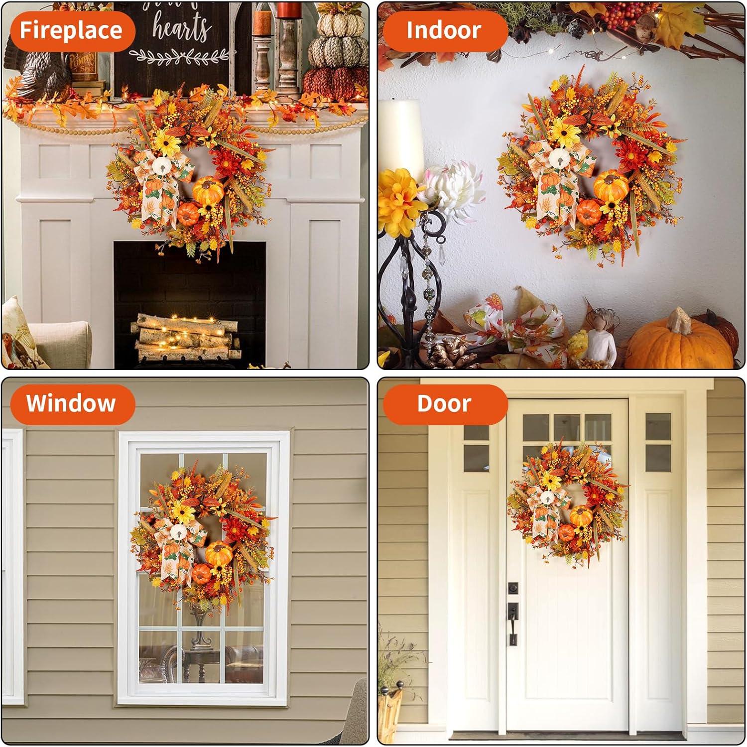 Fall Wreath 20’’ Autumn Front Door Wreath Harvest Wreath with Sunflower Pumpkins Berries Maple Leaves Daisies for Outside Indoor Home Wall Festival Thanksgiving Autumn Farmhouse Decor