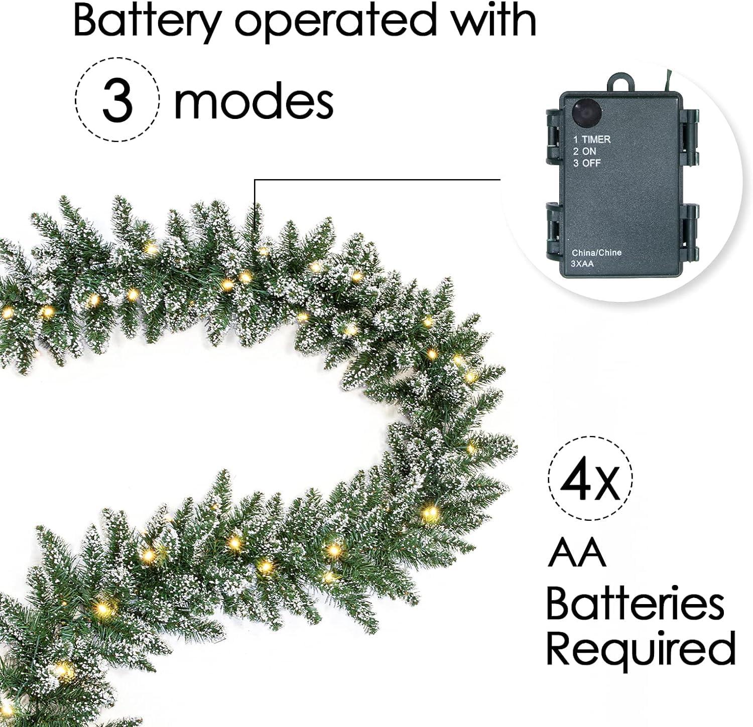 WBHome Pre-lit 9 Feet/106 Inch Christmas Garland with 100 LED Lights Holiday Decorations, Battery Operated (Batteries NOT Included)