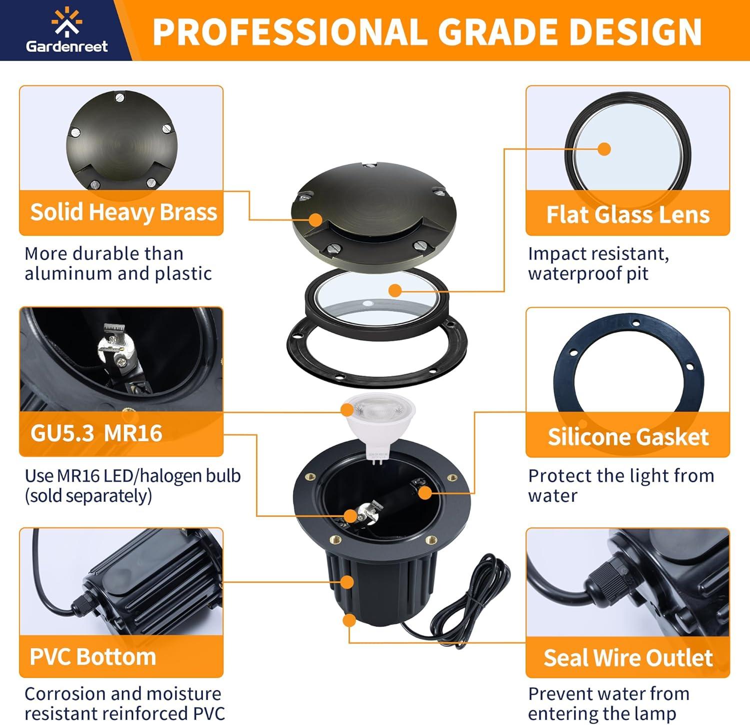 Gardenreet Brass Well Lights Landscape Led In Ground,12V LED Low Voltage Landscape Lighting Well Lights for Garden, Pathway Without MR16 Bulb(One-Direction Turret)