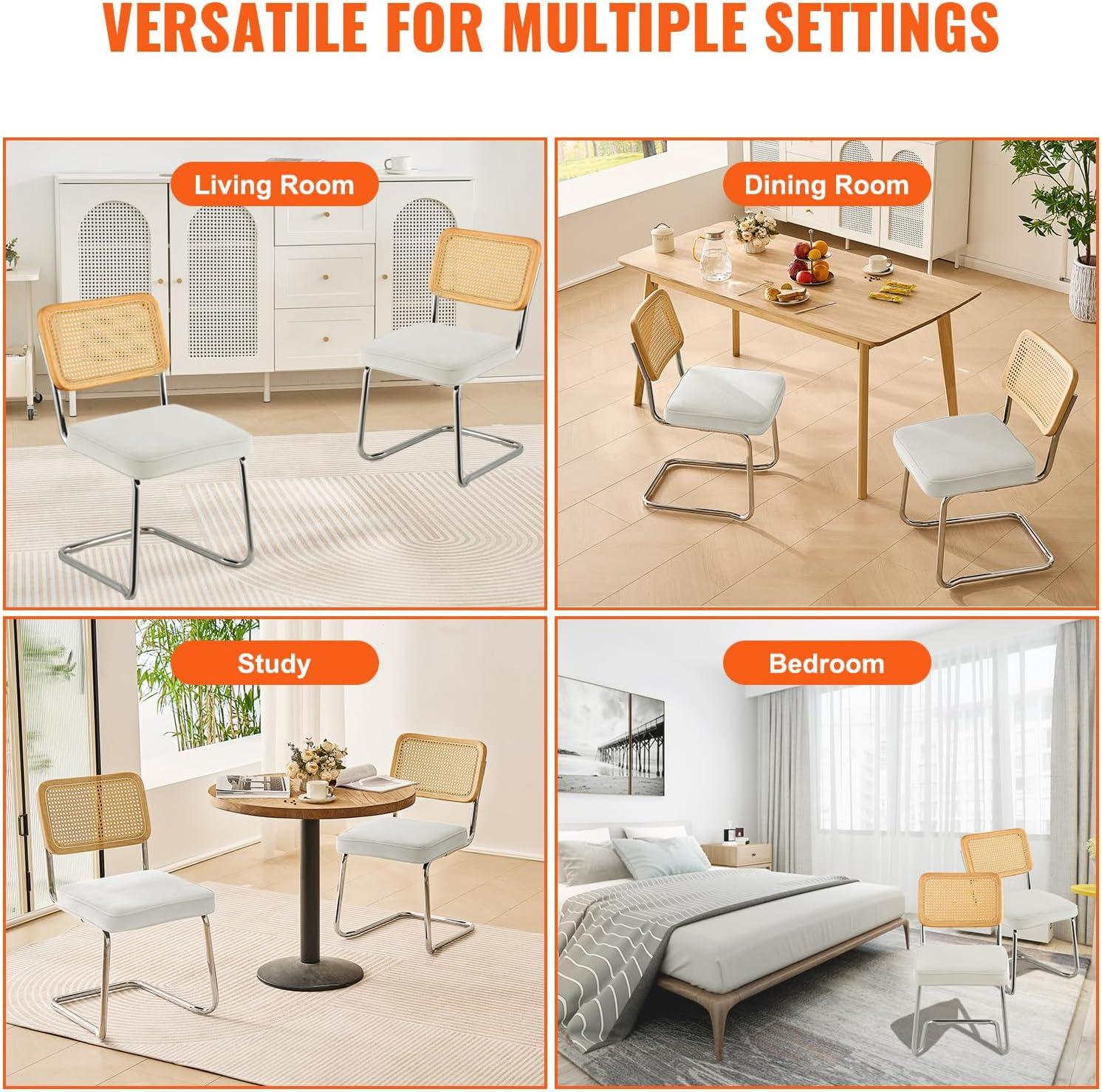 VEVOR Rattan Chairs Set of 2, Mid Century Modern Dining Chair, Upholstered Velvet Accent Chair with Rattan Back, Retro Kitchen Chair for Living Room, Bedroom (18.1 Inch)