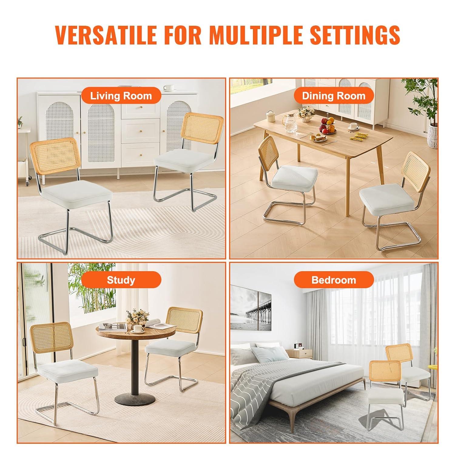 VEVOR Rattan Chairs Set of 2, Mid Century Modern Dining Chair, Upholstered Velvet Accent Chair with Rattan Back, Retro Kitchen Chair for Living Room, Bedroom (18.1 Inch)