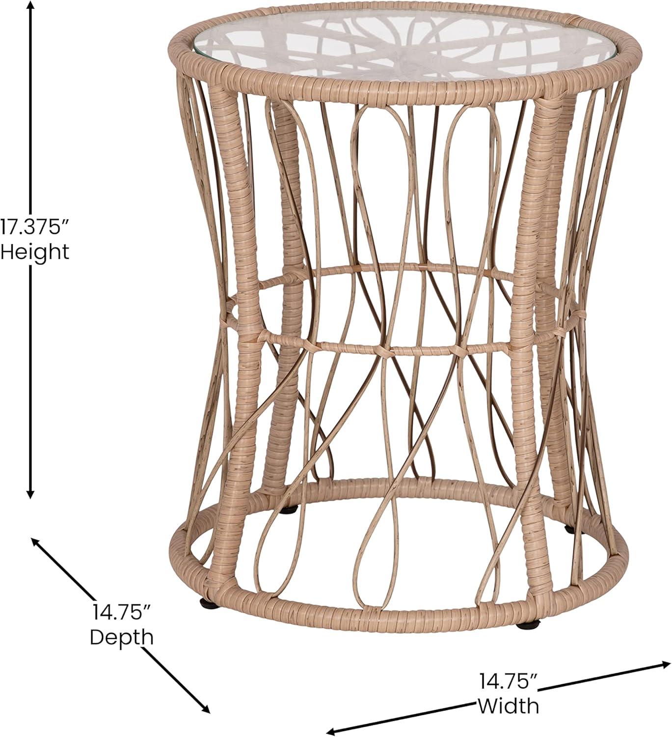Taylor & Logan Fielder 3-Piece Tan Indoor/Outdoor Bistro Set with Papasan Style Rattan Rope Chairs, Glass Top Side Table & Black Cushions