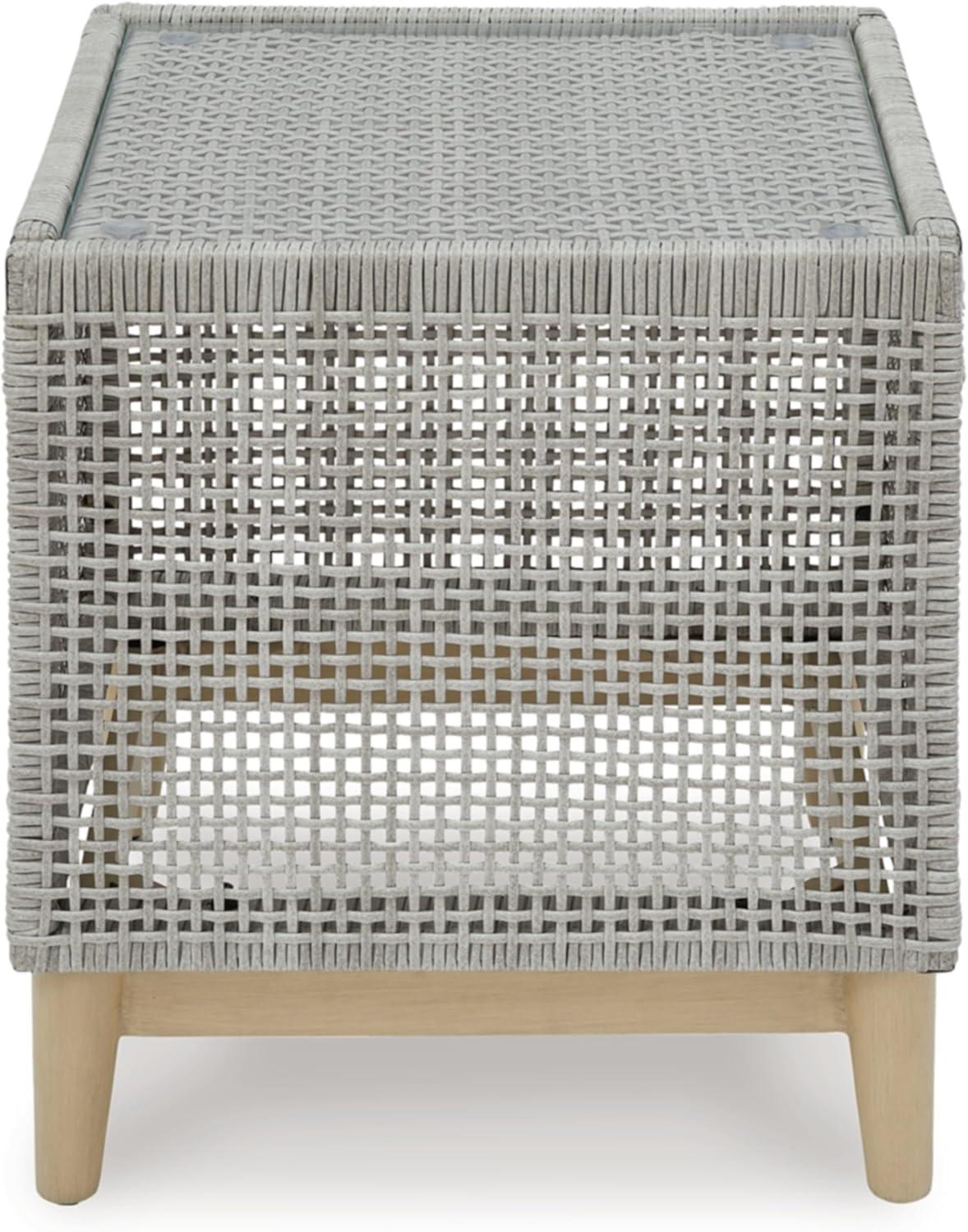 Signature Design by Ashley Seton Creek Contemporary Chic Outdoor All-Weather Resin Wicker End Table with Tempered Glass Tabletop, Gray & Light Brown