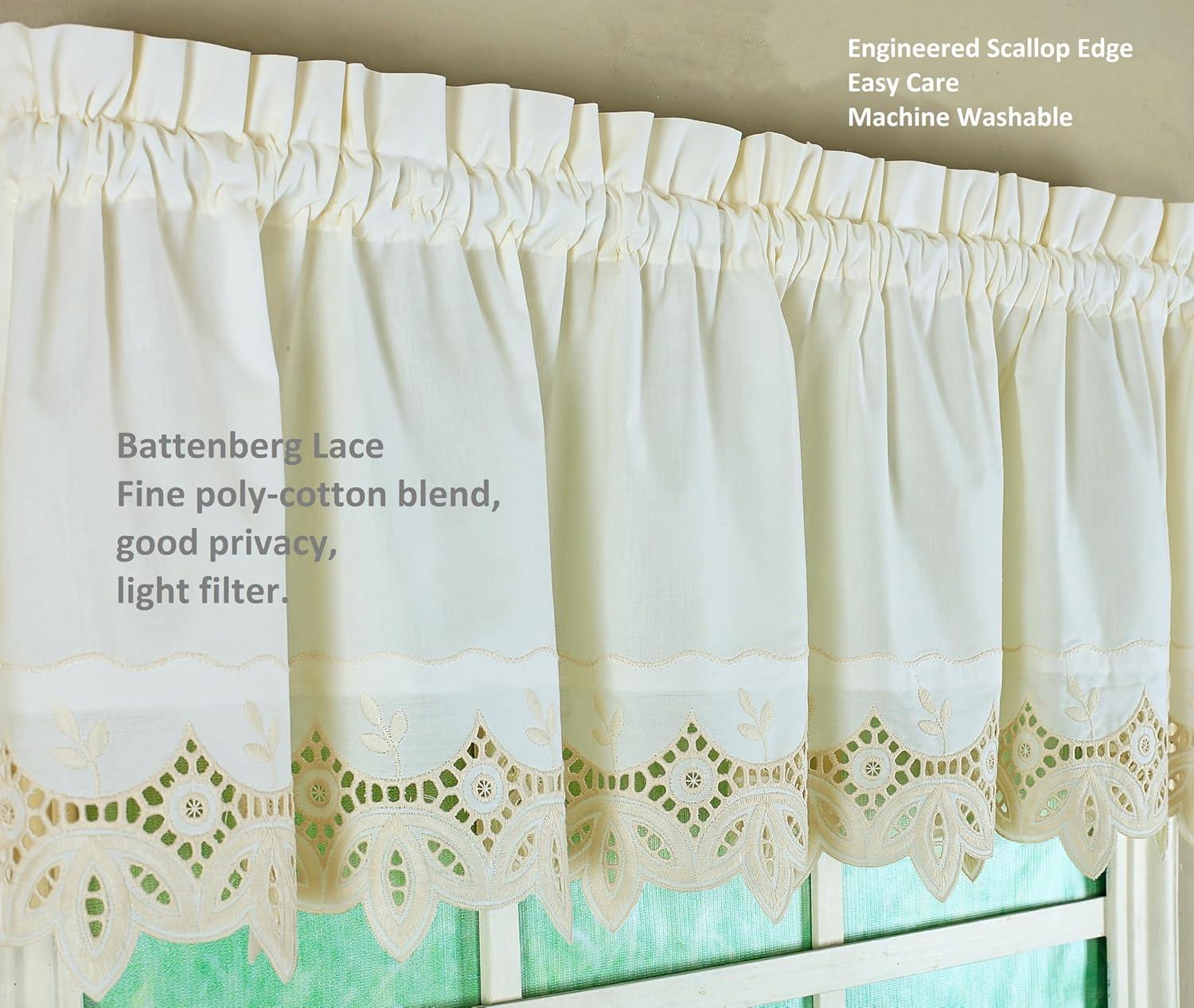 Ecru Cotton Polyester Sheer Lace Detail Tier Curtains