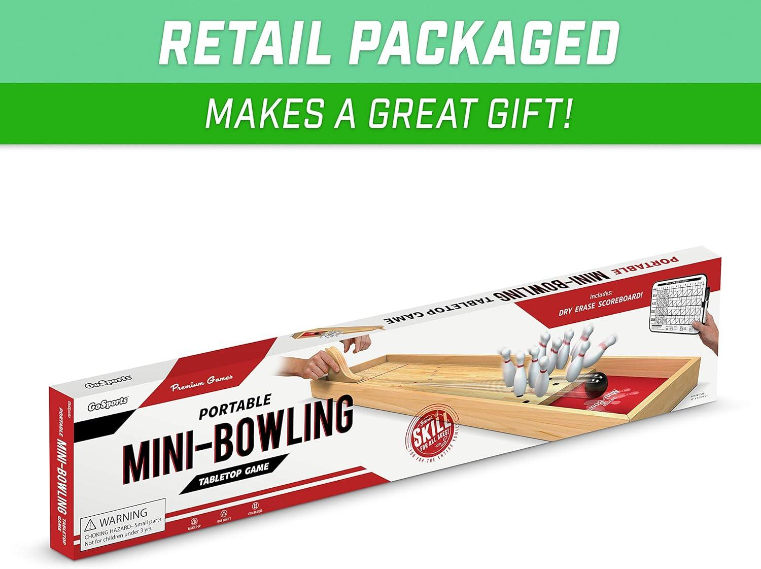 GoSports Mini Wooden Tabletop Bowling Game Set for Kids & Adults - Includes 1 Bowling Alley Board, 1 Launch Ramp, 2 Mini Bowling Balls, 10 Pins & Dry Erase Scorecard