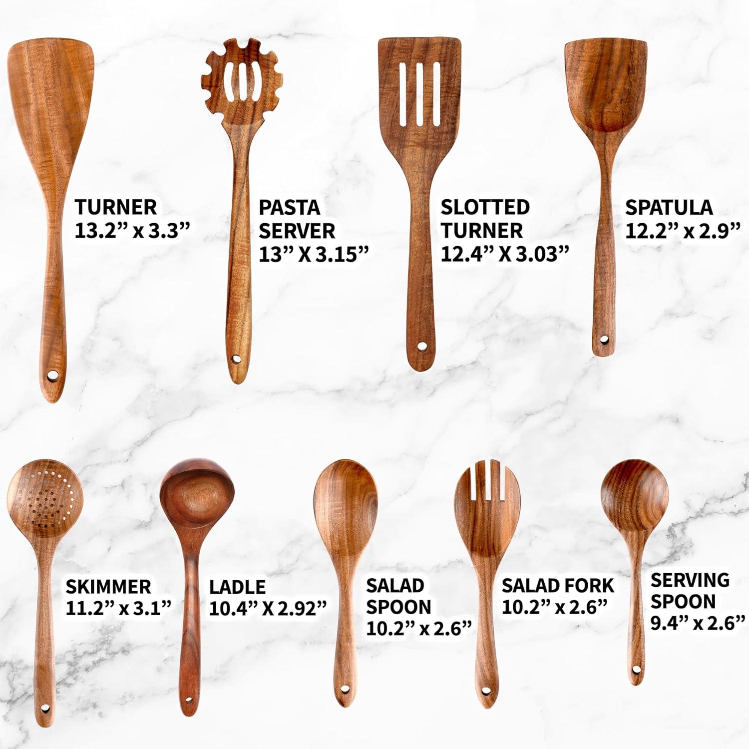 9-Piece Teak Wooden Utensils for Cooking - AOKIWO Smooth Finish Natural Teak Utensil Set - Non-Stick Wooden Spoons for Cooking - Kitchen Gift Set - Comfortable Grip Wooden Utensil Set