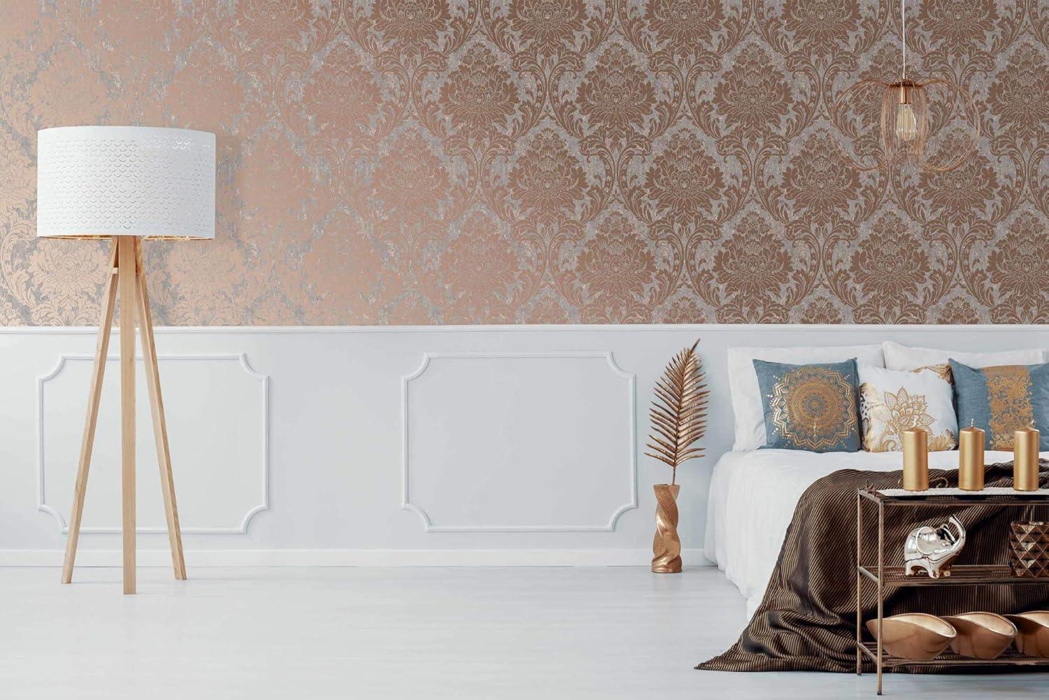 Milan Damask Grey and Rose Gold Textured Wallpaper