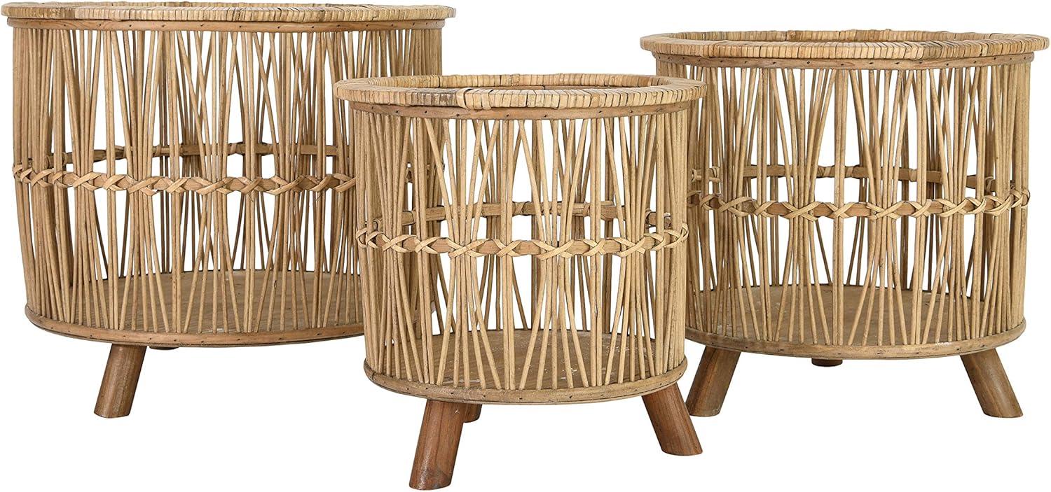 Set of 3 Round Beige Rattan Storage Baskets