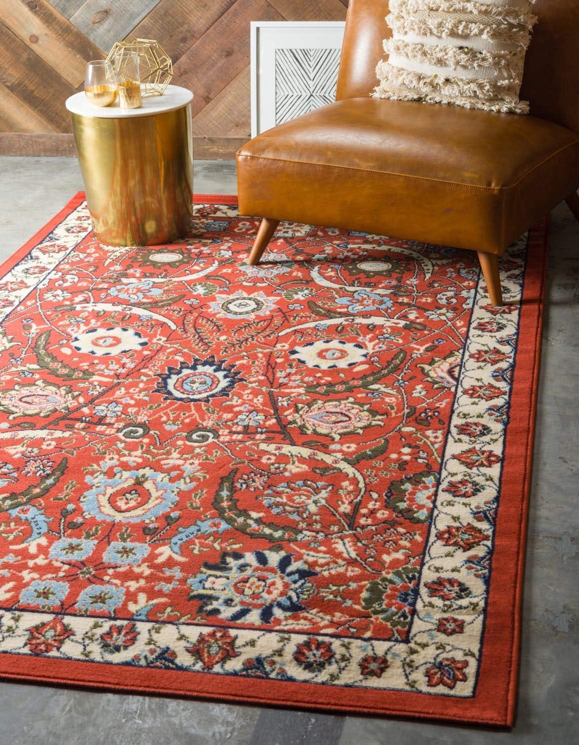 Unique Loom Cape Cod Espahan Rug Terracotta/Black 6' 1" x 9' Rectangle Floral Traditional Perfect For Living Room Bed Room Dining Room Office