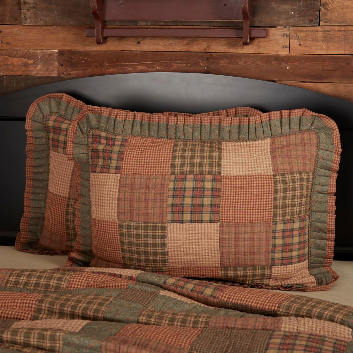 Cinnamon Plaid Cotton Patchwork Standard Sham with Ruffled Edging