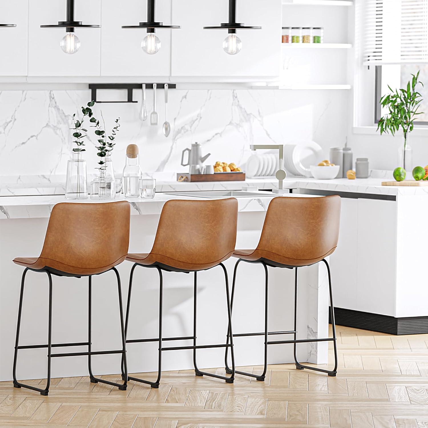 WM 26 inch Counter Height Bar Stools Set of 4, Modern Faux Leather High Barstools with Back and Metal Leg, Bar Chairs for Indoor & Outdoor, Brown