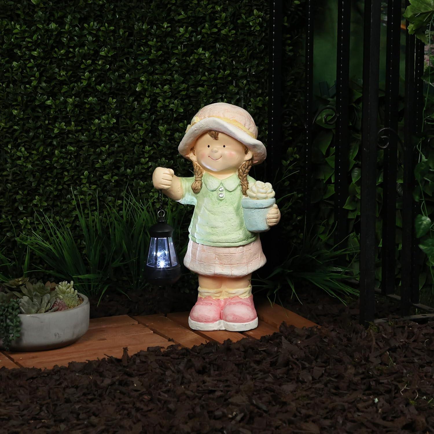 17" Tall Girl Holding Lantern Solar LED Light Statue