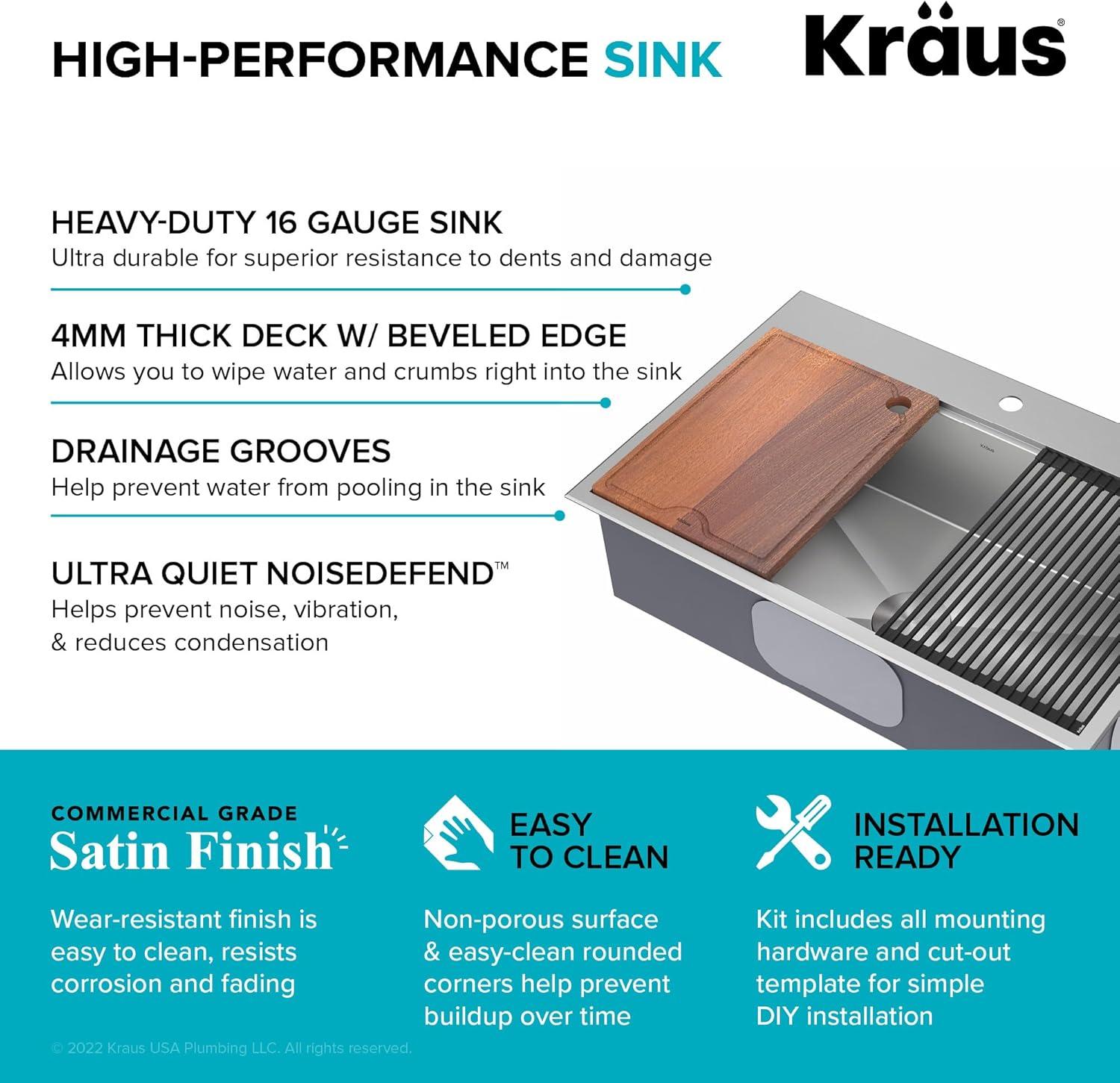 KRAUS Kore Drop-In Workstation 16 Gauge Stainless Steel Single Bowl Kitchen Sink with Accessories