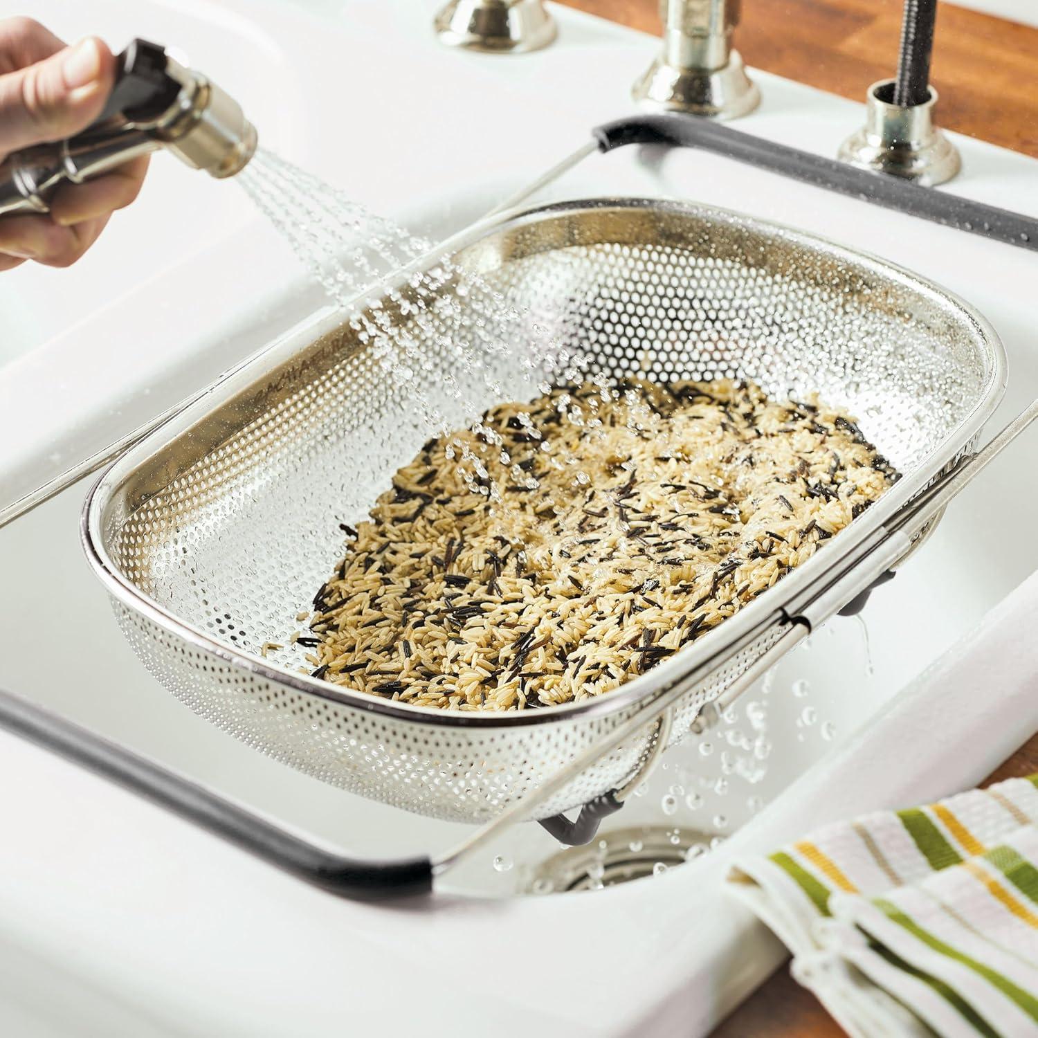 Stainless Steel Over-The-Sink Colander with Gray Handles