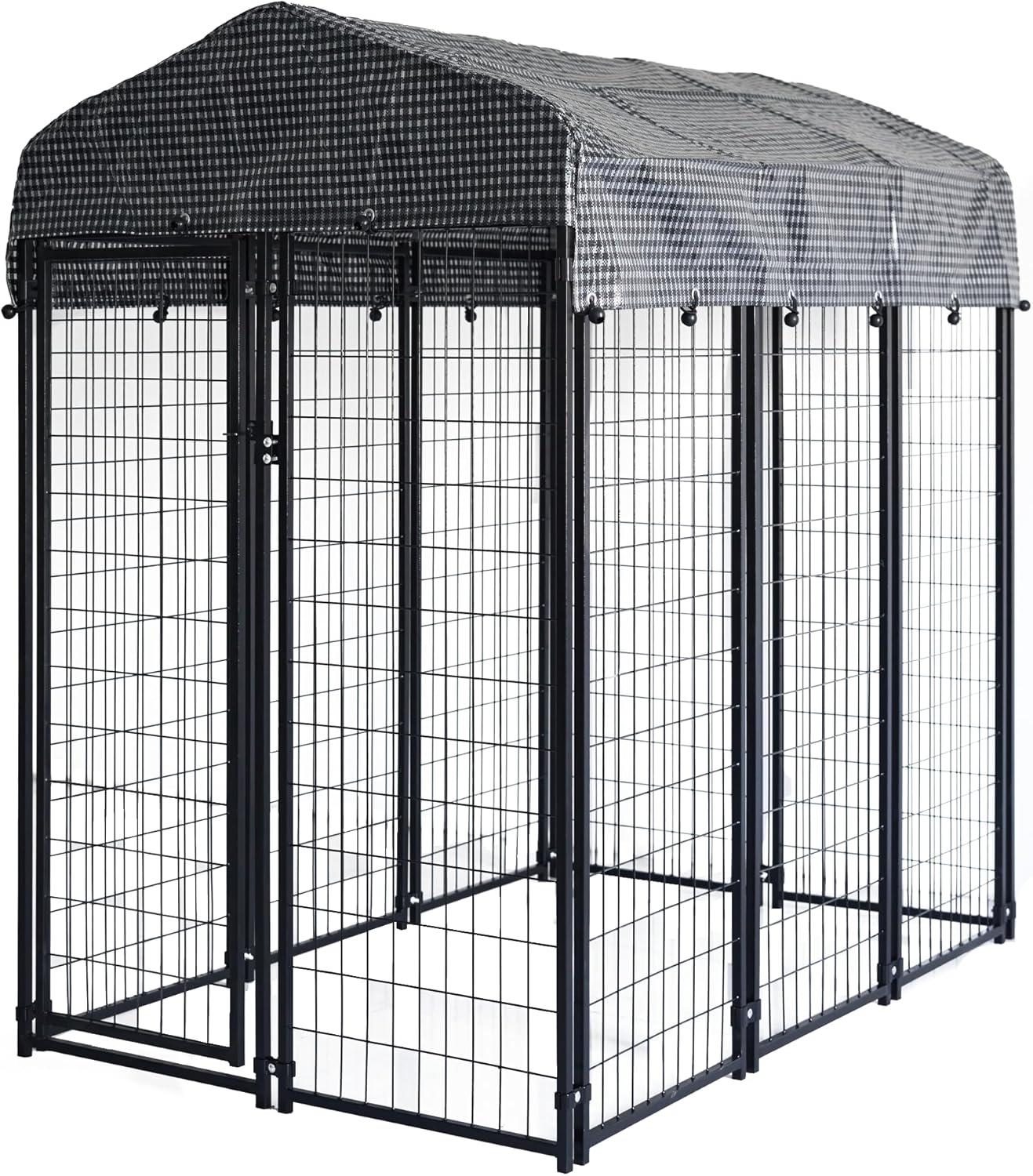 Large Black Metal Outdoor Dog Kennel with Roof Cover