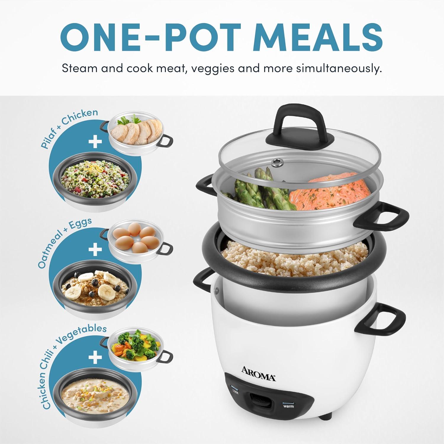 Aroma® 6-Cup (Cooked) / 1.5Qt. Rice & Grain Cooker, White, New, ARC-743-1NG