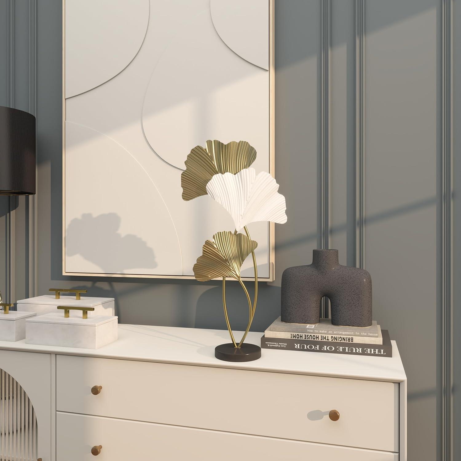 14" x 24" Gold Metal Curved Ribbed Leaf Sculpture with White Accent, by DecMode