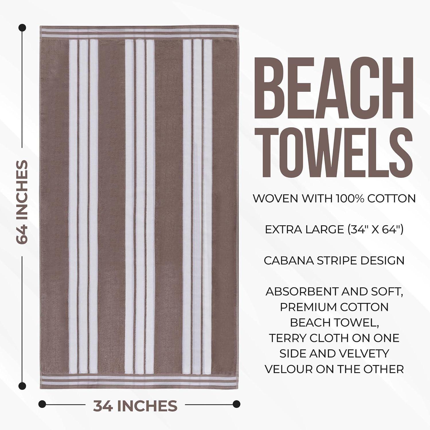 Superior Cotton Striped Oversized Beach Towel, 34" x 64", Taupe