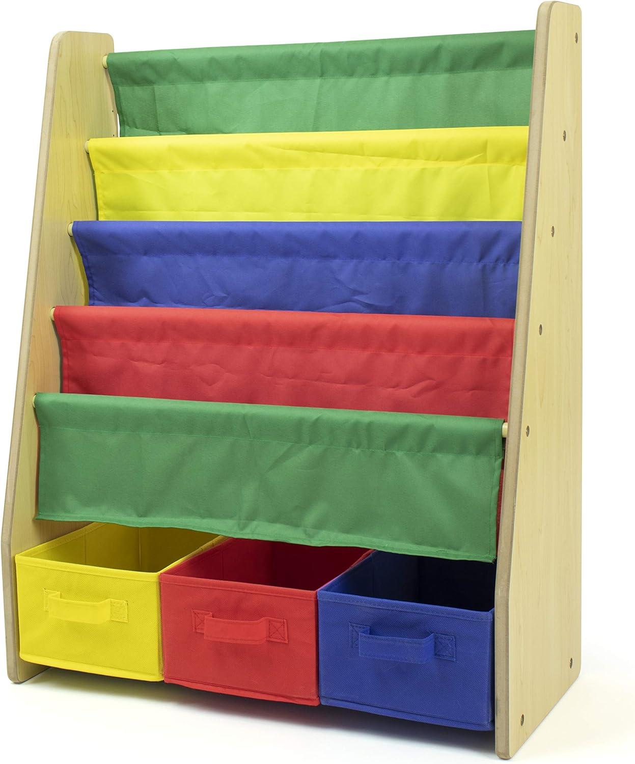 Humble Crew Kids Bookshelf 4 Tier Book Storage and Fabric Bin Organizer, Natural/Primary