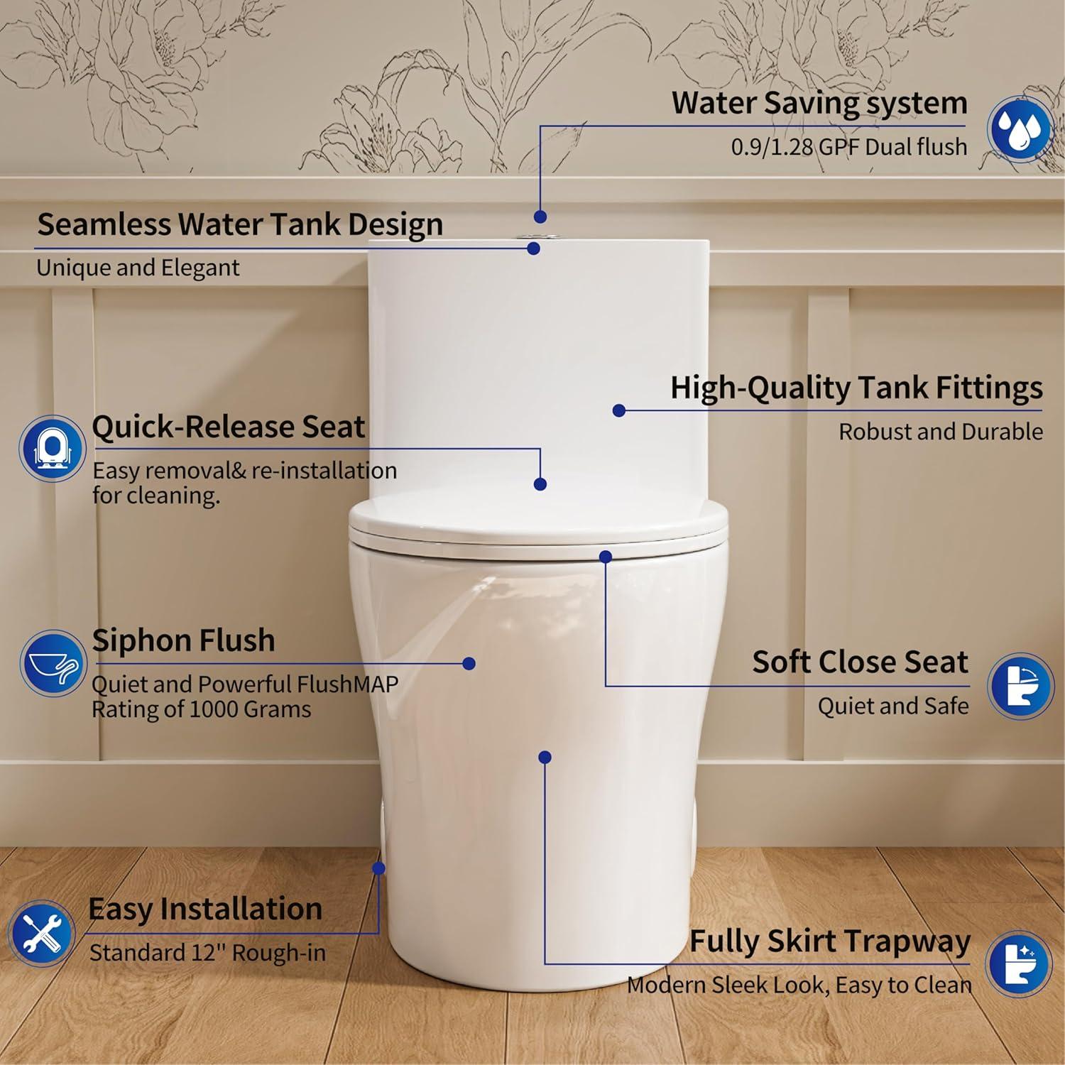 17" Comfort Height StandardToilet, Dual-Flush Modern Elongated One-Piece Toilet with Glazed Surface (Seat lncluded)