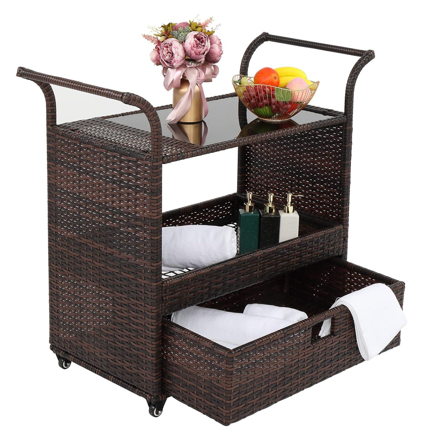 Outvita Outdoor Rolling Wicker Bar Cart, Rolling Rattan Beverage Bar Counter Table with Ample Storage Basket, Drawer and Loakable Wheels Glass Top for Patio Poolside Party