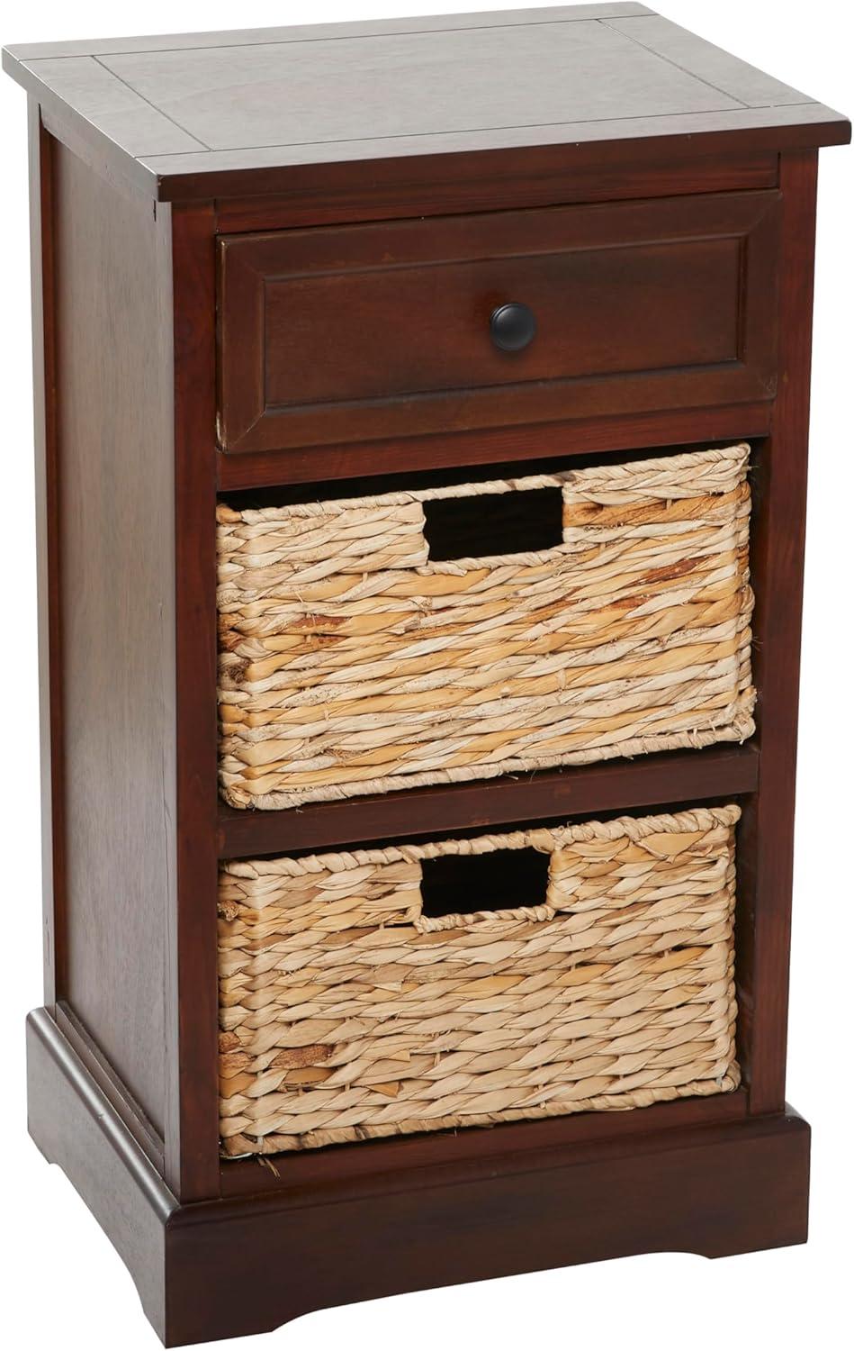 Elegant Brown Wooden Side Chest with Wicker Drawers - 33" x 20.5"