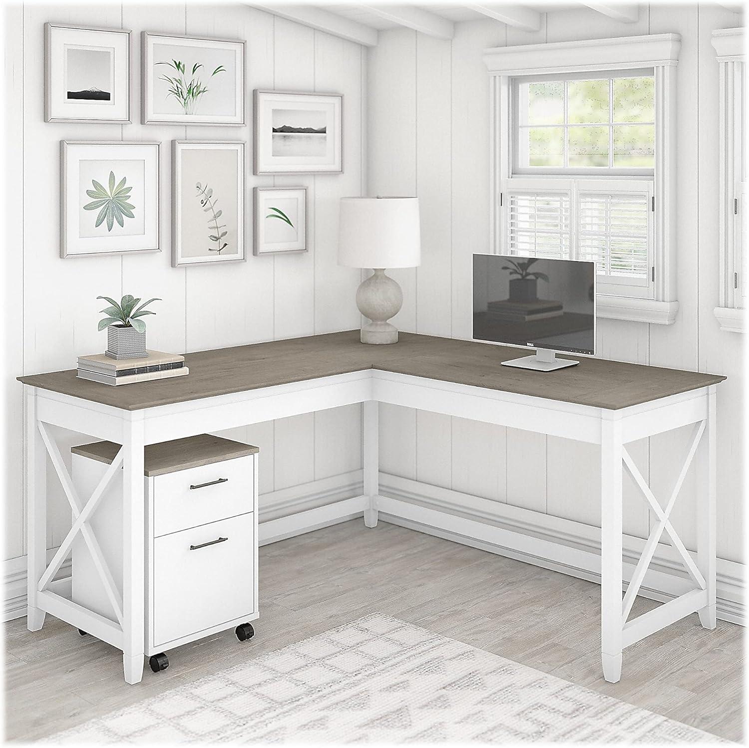 Pure White Engineered Wood L-Shaped Desk with Mobile File Cabinet