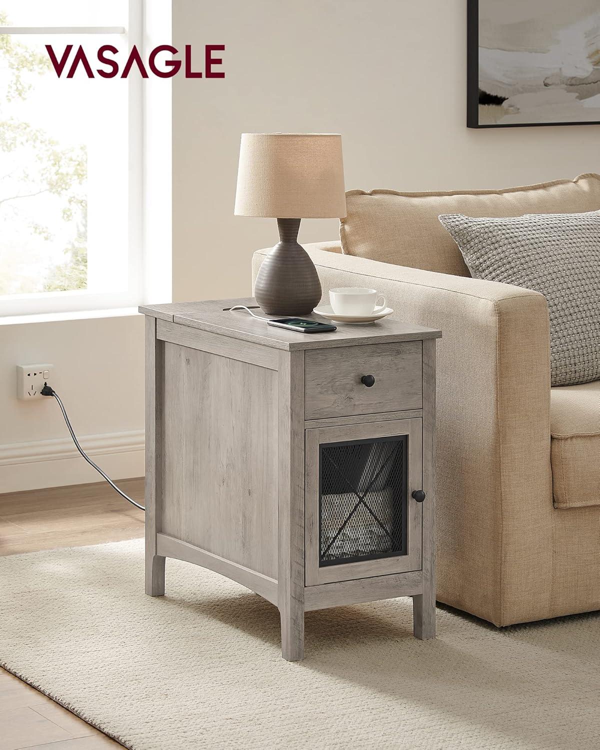 Side Table with Storage, End Table with USB Ports and Outlets, Nightstand with Charging Station, Drawer, Storage Cabinet, Magazine Rack, for Living Room, Bedroom, Greige ULET312T02