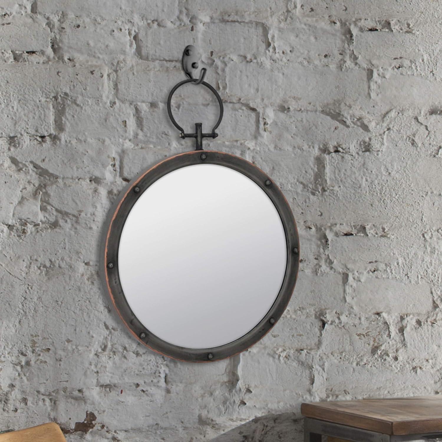 Rustic Bronze Round Wall Mirror with Rivet Detail and Hanging Loop