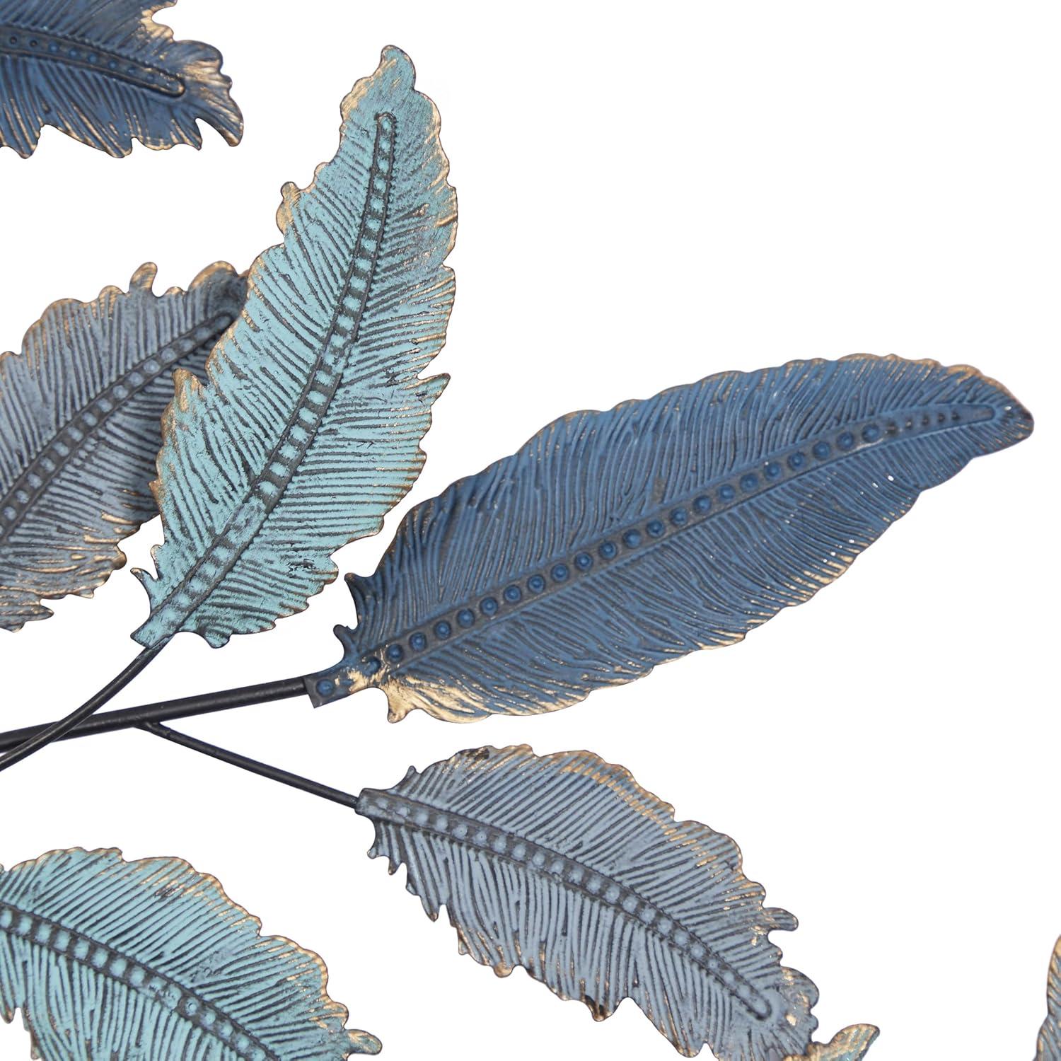 DecMode Blue Metal Leaf Wall Decor with Black Stems