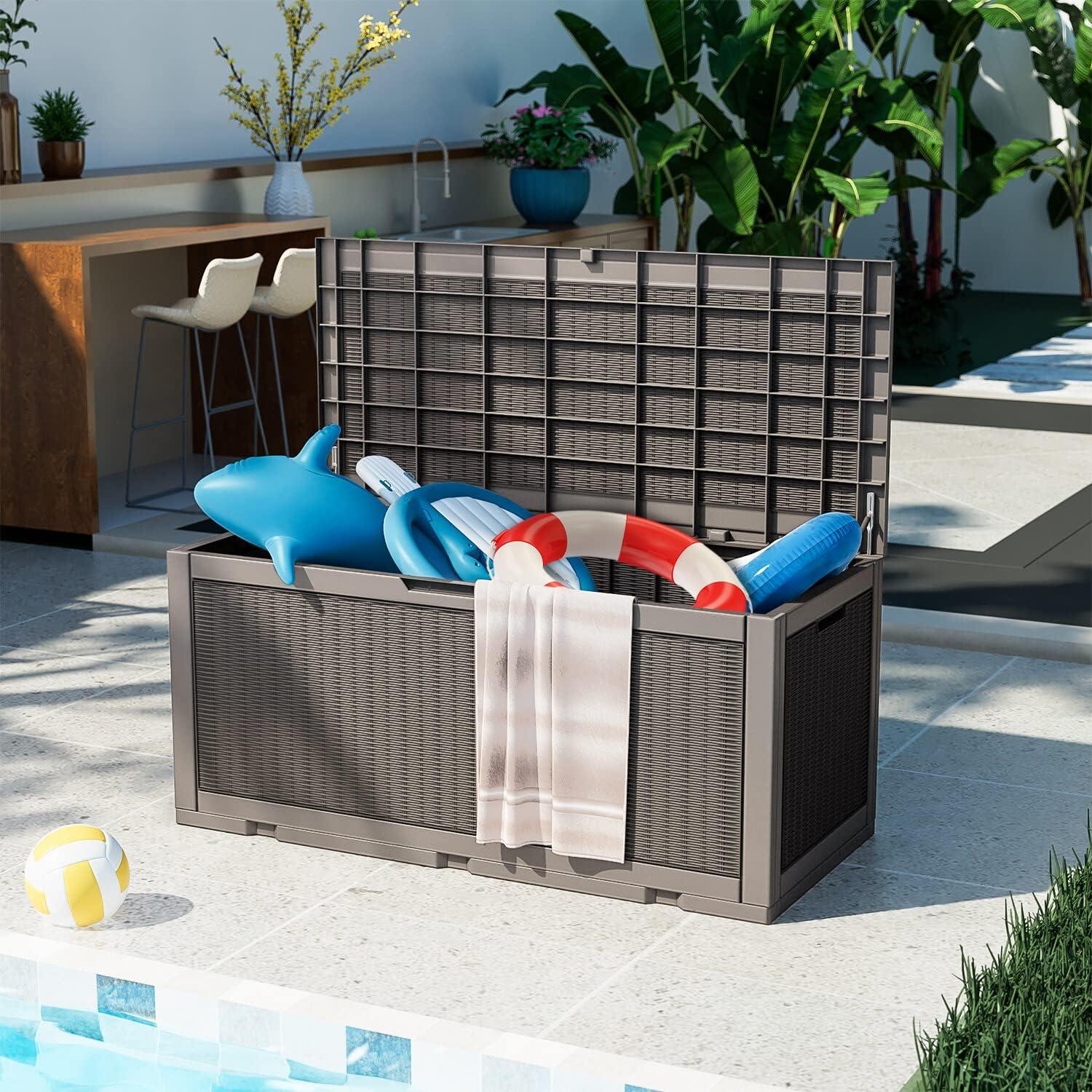 PayLessHere Deck Box 100 Gallons Storage Box Waterproof Outdoor Storage Box Bench with keyhole for Outdoor Garden Pool Patio Storage,Tan