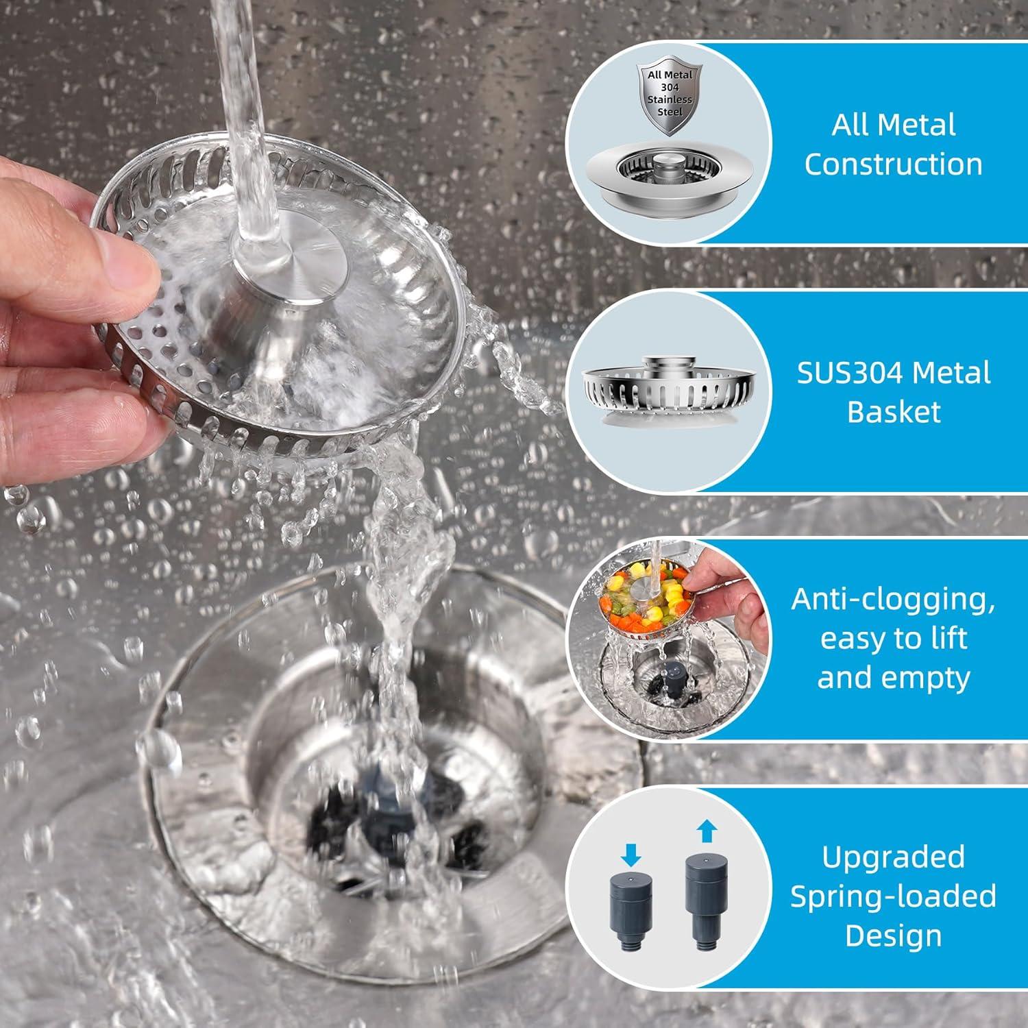 Hibbent 3-in-1 Kitchen Sink Drain Strainer  Stopper , Stainless Steel Pop-Up Design, Anti-Clogging Metal Basket with Handle, Compatible with US Standard 3-1/2" Drain