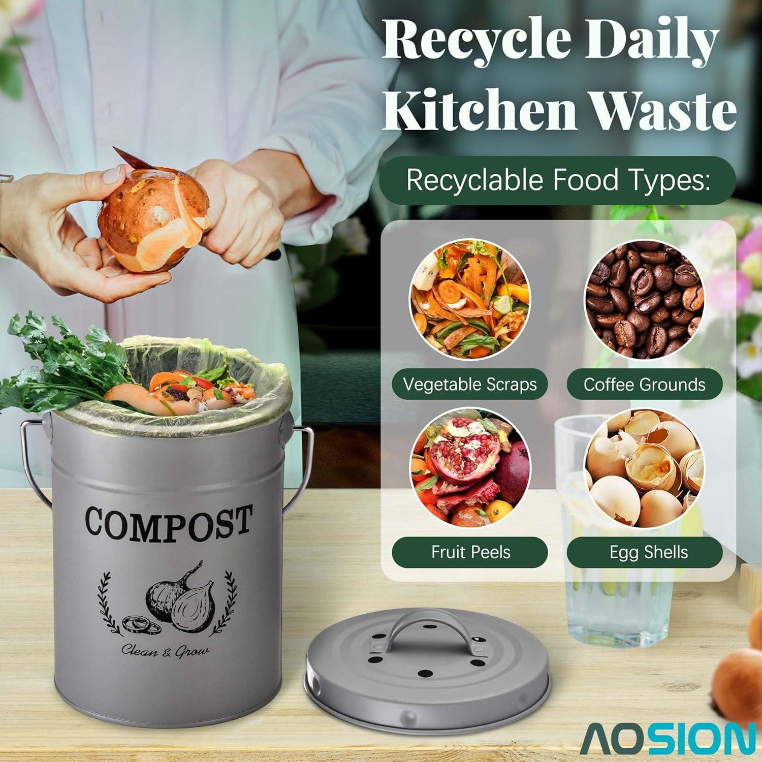 Compost Bin Kitchen Counter,Countertop Compost Bin with Lid,Indoor Kitchen Compost Bin,Composter Container,Compost Pail Food Waste Bin for Kitchen,1.0 Gallon,Grey