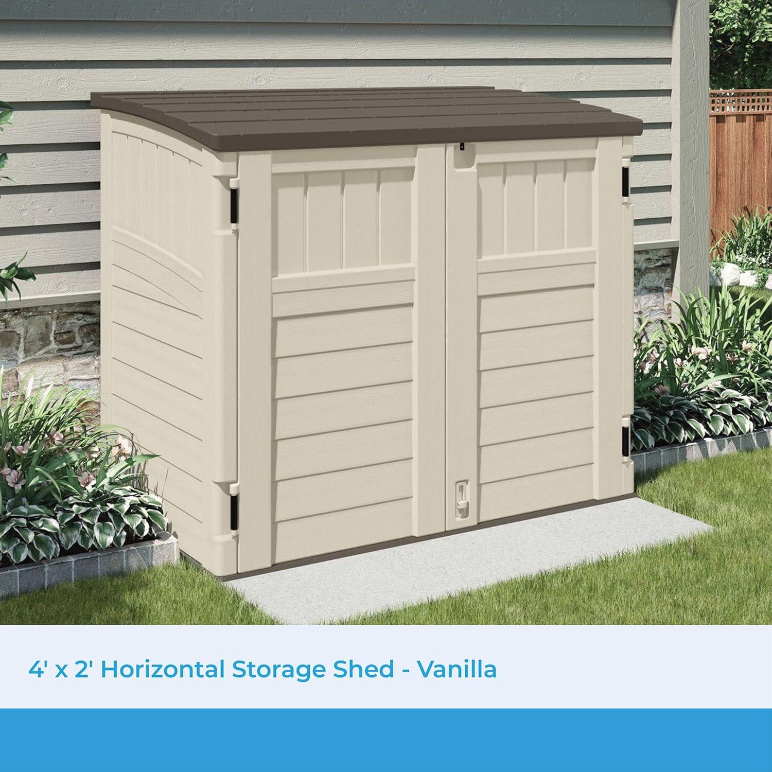 Suncast 34 Cubic Feet Capacity Horizontal Outdoor Storage Shed  for Garbage Cans, Garden Accessories, Backyard, and Patio Use, Vanilla