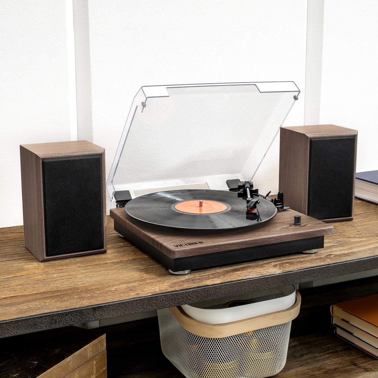 Victrola Montauk Bluetooth Turntable System with Bookshelf Speakers (Farmhouse Walnut)