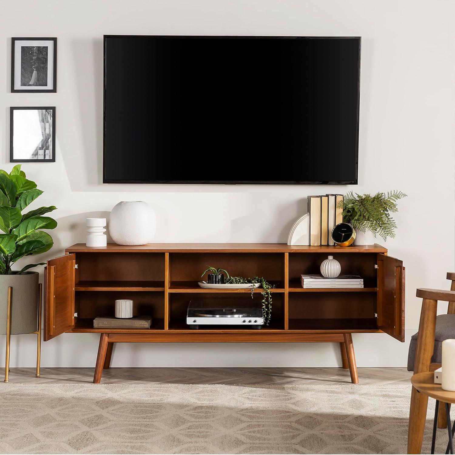 Adair 58" 2-Door Solid Pine Wood TV Console with Cutout Handles in Caramel