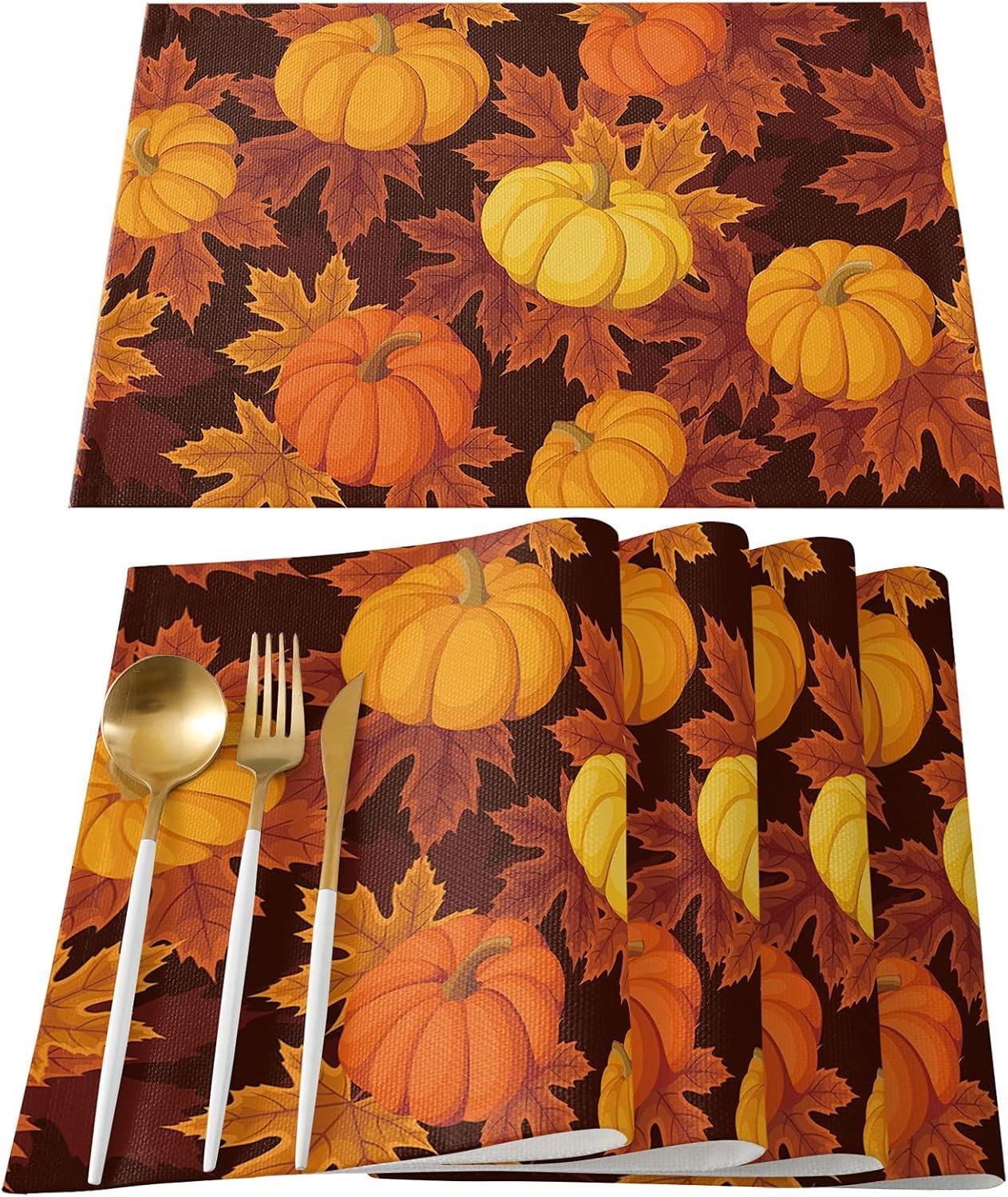 Thanksgiving Pumpkin and Maple Leaves Cotton Linen Placemats Set of 6