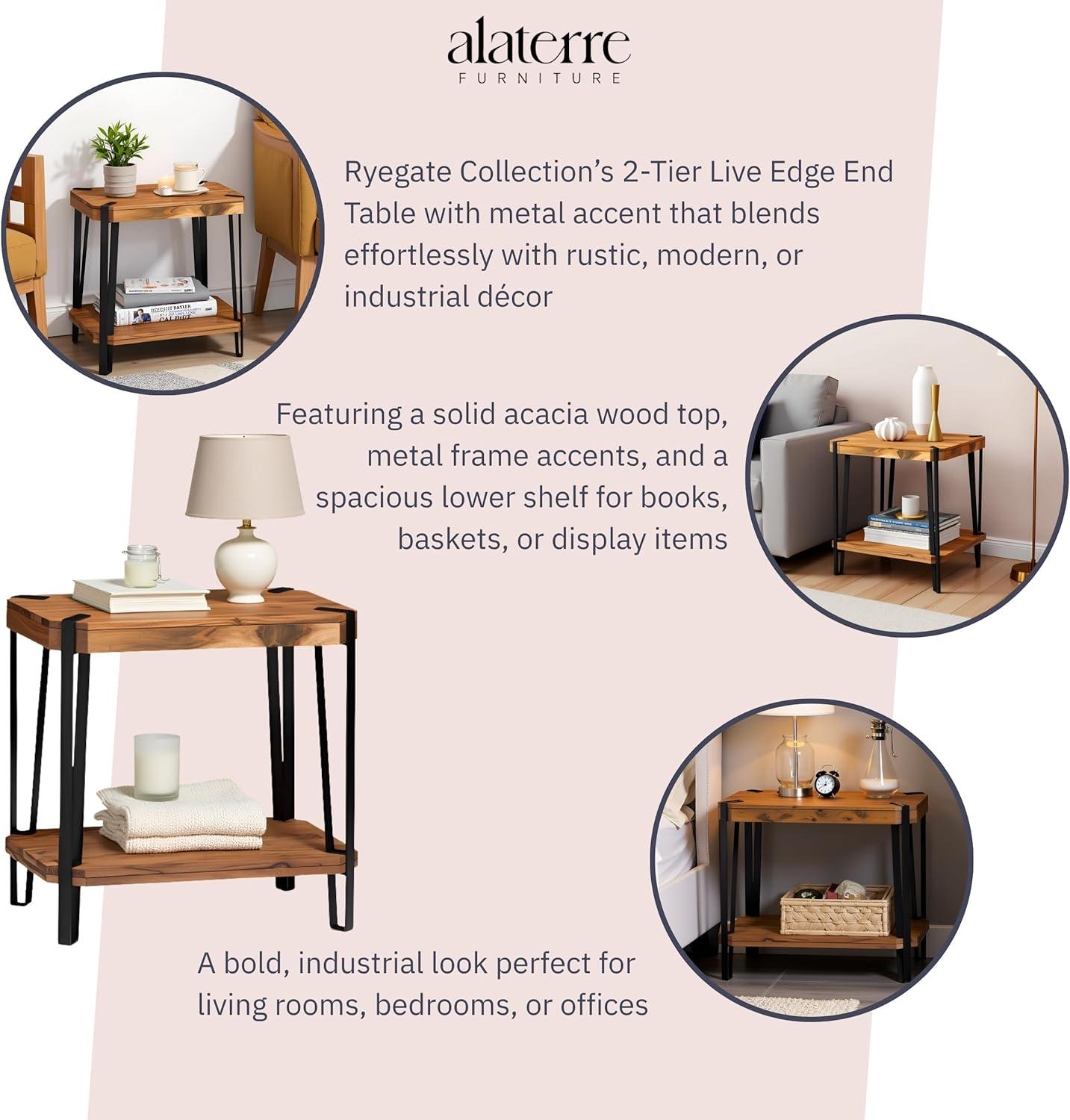 Alaterre Furniture 28" Ryegate Natural Brown Live Edge Solid Wood End Table Metal And Wood