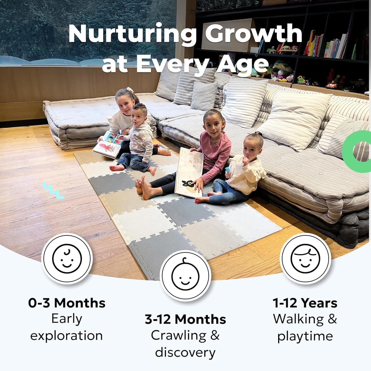 MioTetto Non-Toxic Foam Play Mat for Babies & Kids, Interlocking Puzzle Tiles, Cream-Gray-Beige, 18 Pieces – Perfect for Tummy Time, Crawling, Nursery, Playroom, or Gym