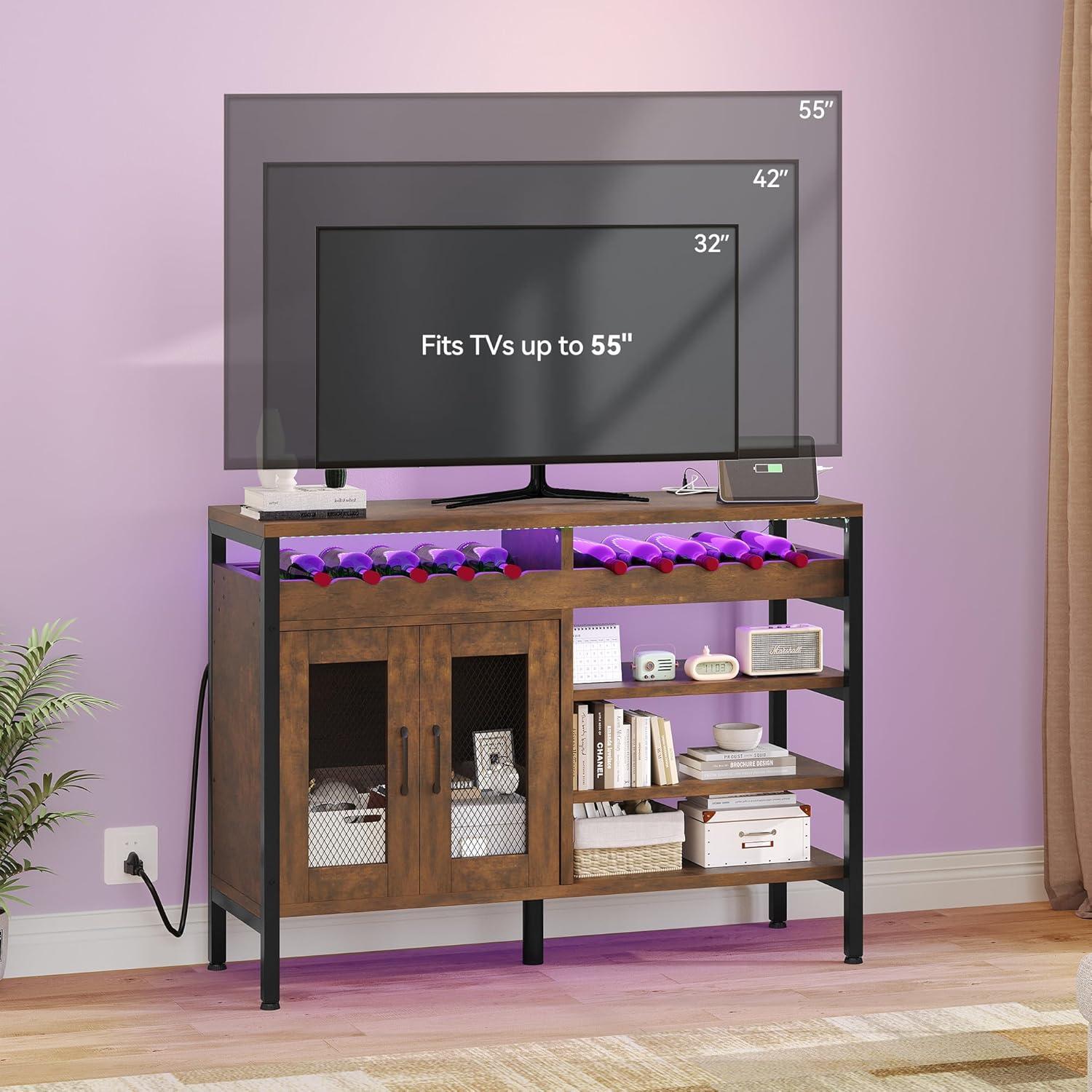 YITAHOME Wine Bar Cabinet with Power Outlets and LED Lights, Industrial Coffee Bar Cabinets for Liquor and Glasses Home Bar Kitchen Buffet Cabinet for Home Living Dining Room 47"