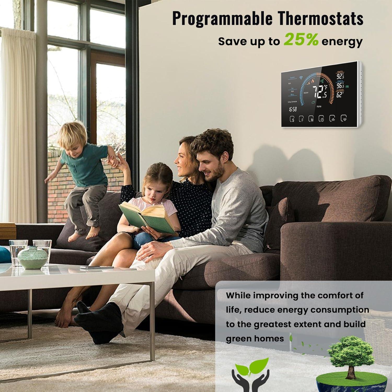 Smart Thermostat for Home WiFi, Programmable Thermostat for Connecting Heat Pumps, Cooling Heating & Auto Mode, Includes C-Wire Adapter, LCD Screen, Voice Control/Weather/Energy saving, App Thermostat