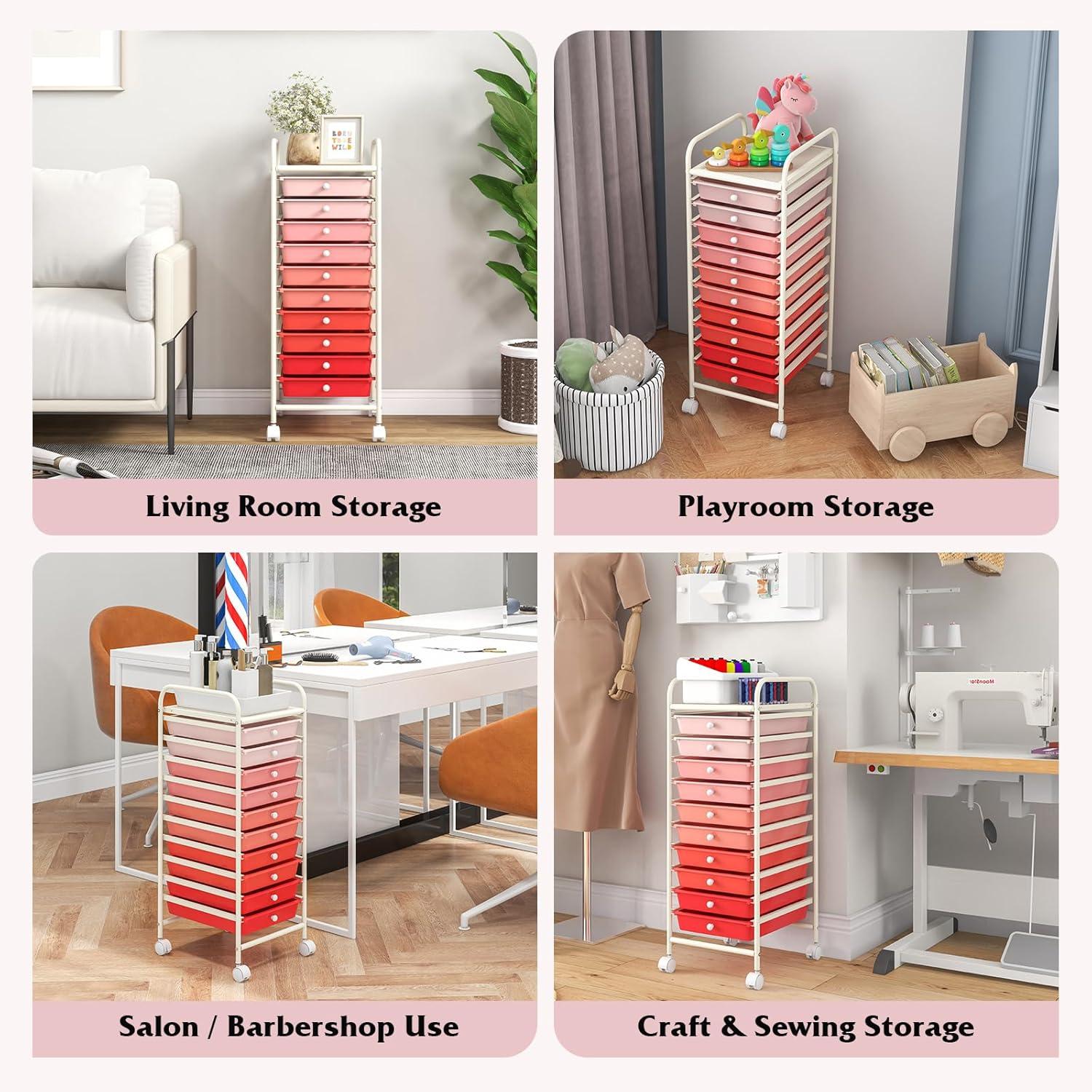 Giantex 10-Drawer Storage Cart w/Universal Wheel, Rolling Cart w/Handle, Home Organizer Storage Unit w/Removable Drawers, Trolley Utility Cart for Kitchen Makeup Living Room Office Play Room