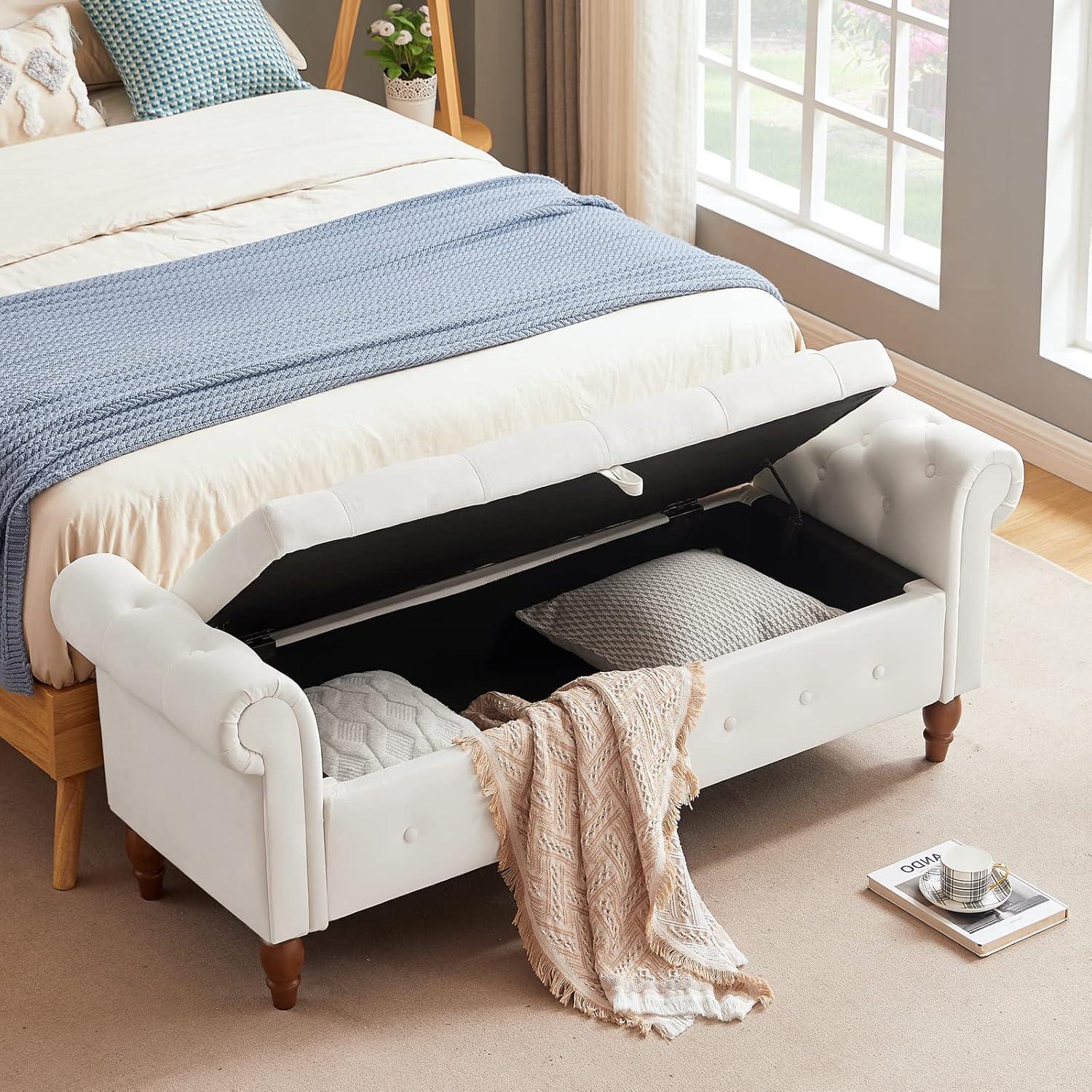 Aoowow 63" Storage Bench for Bedroom End of Bed Rolled Armed Velvet Fabric Ottoman Couch Long Bench Window Sitting Fireplace Toy Storage Bench,Beige