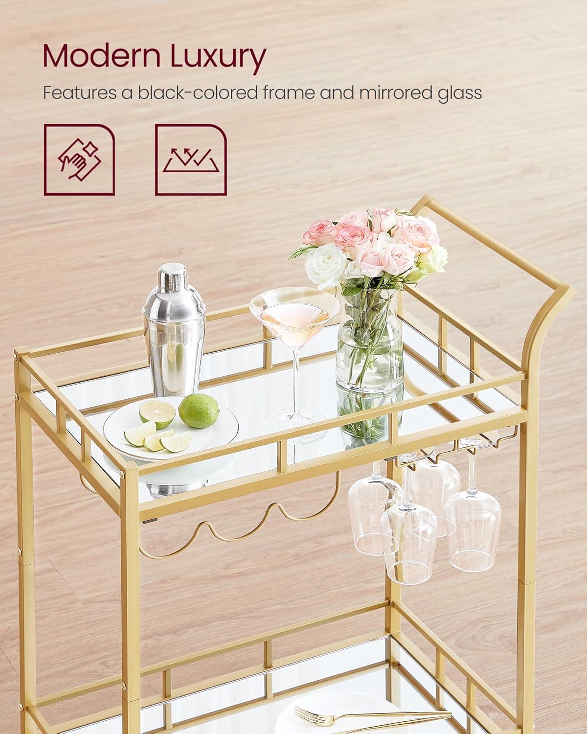 VASAGLE Bar Cart Gold, Home Bar Serving Cart, Wine Cart with 2 Mirrored Shelves, Wine Holders, Glass Holders, for Kitchen, Dining Room, Gold ULRC092A62