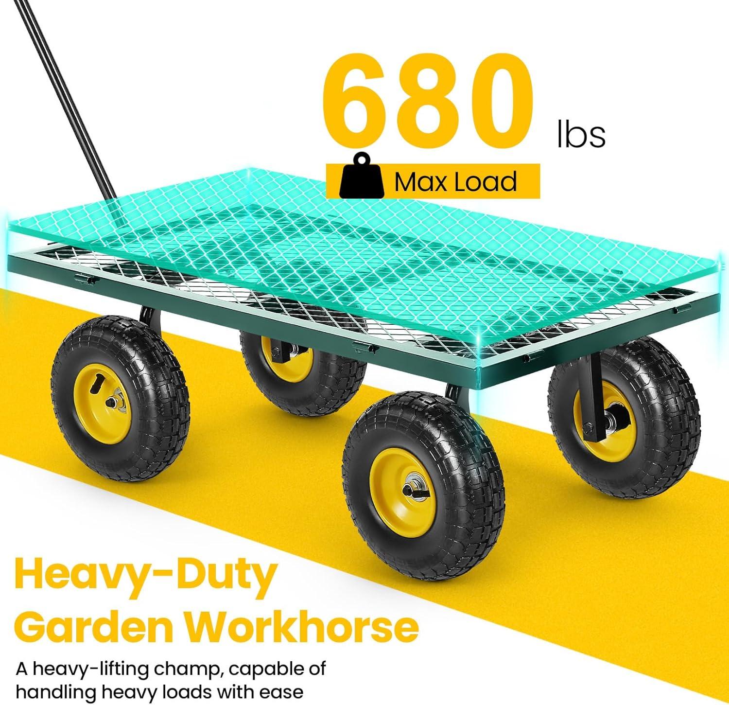 Steel Garden Cart 680 lbs Capacity Heavy Duty Garden Wagons,with Removable Steel Mesh Sides to Convert into Flatbed,Utility Metal Wagon w/ 180°Rotating Handle and 2 Tags Recyclable